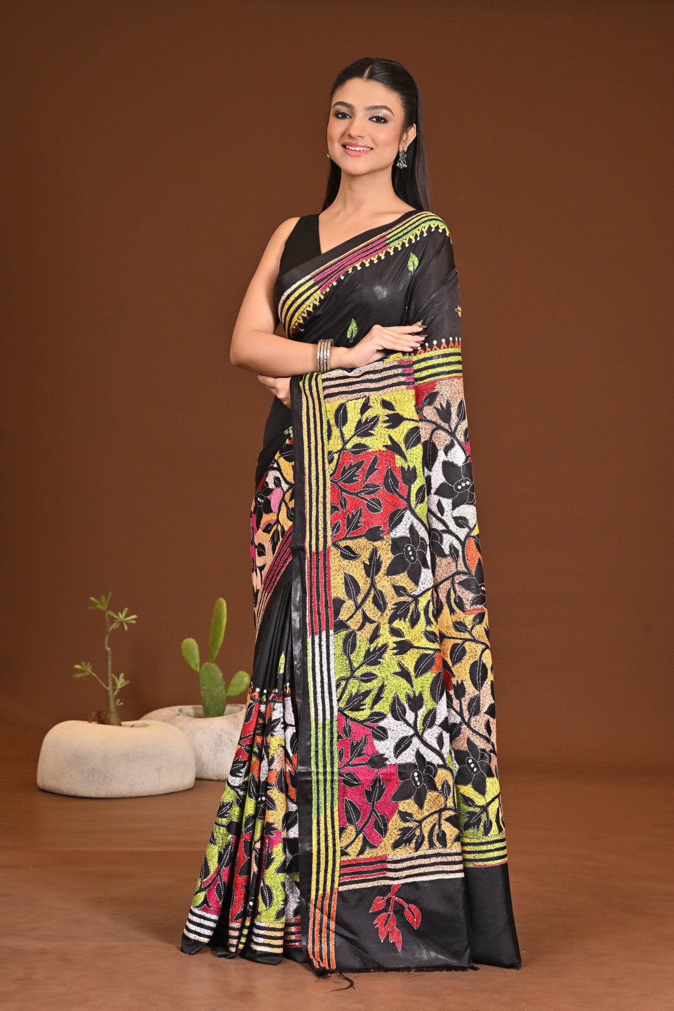 Blended Silk Kantha Stitch Saree Black Thumbnail