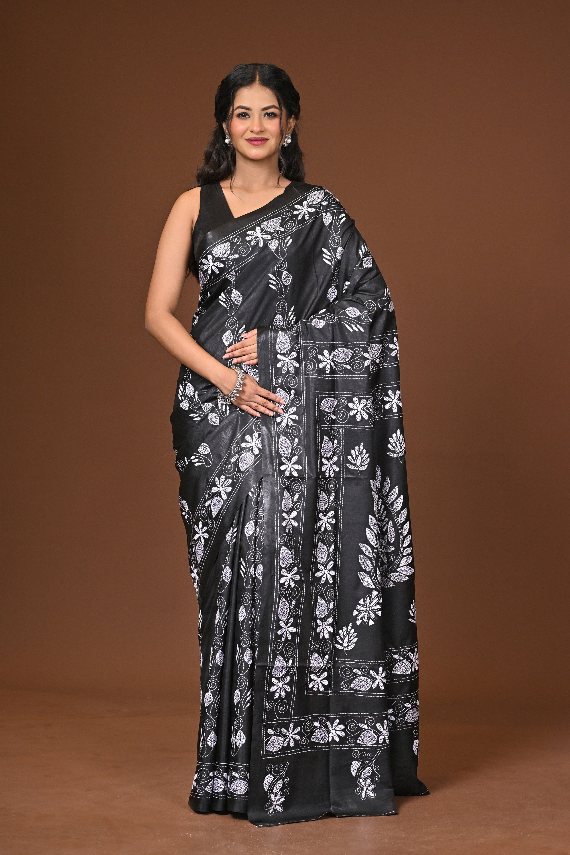 Blended Silk Kantha Stitch Saree Black