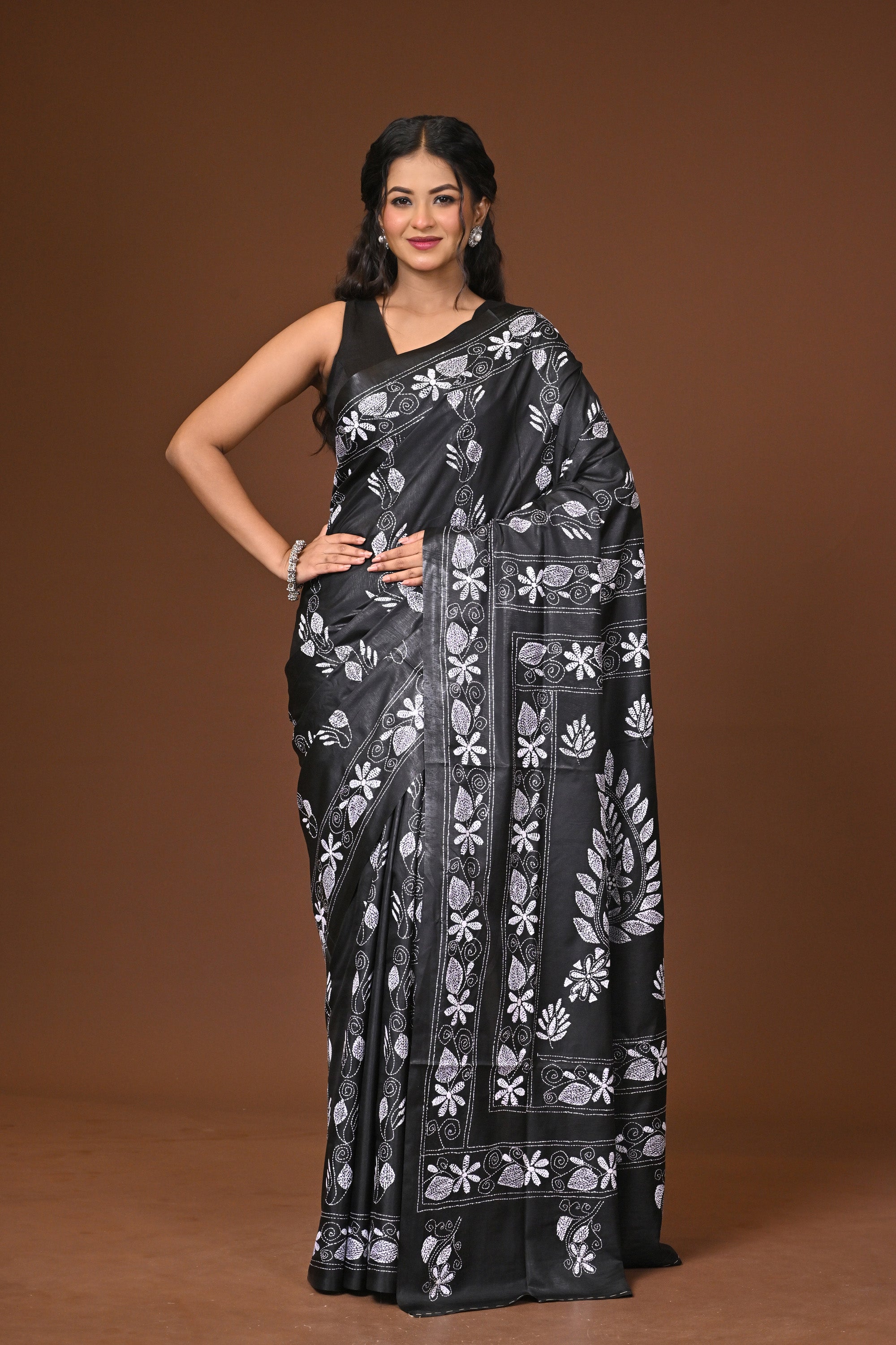Blended Silk Kantha Stitch Saree Black Thumbnail
