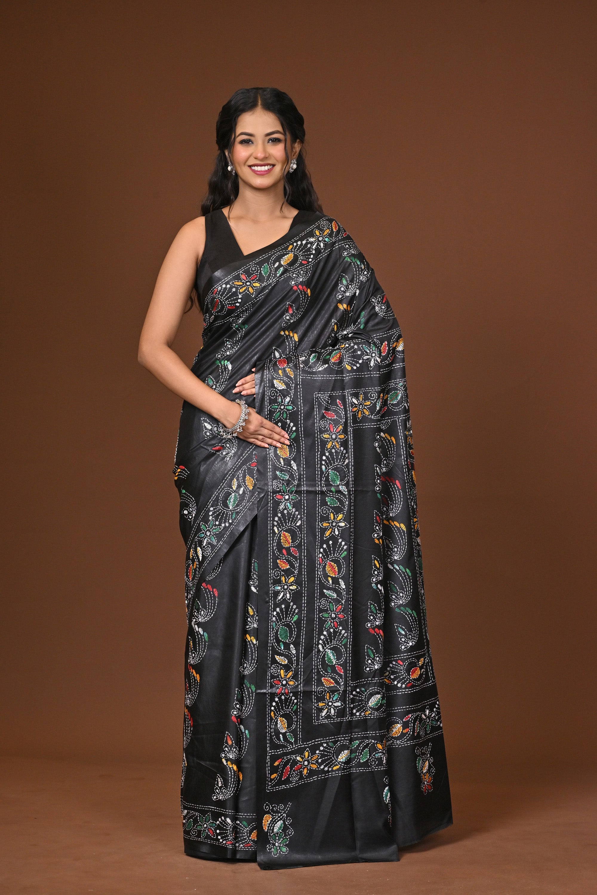 Blended Silk Kantha Stitch Saree Black Thumbnail