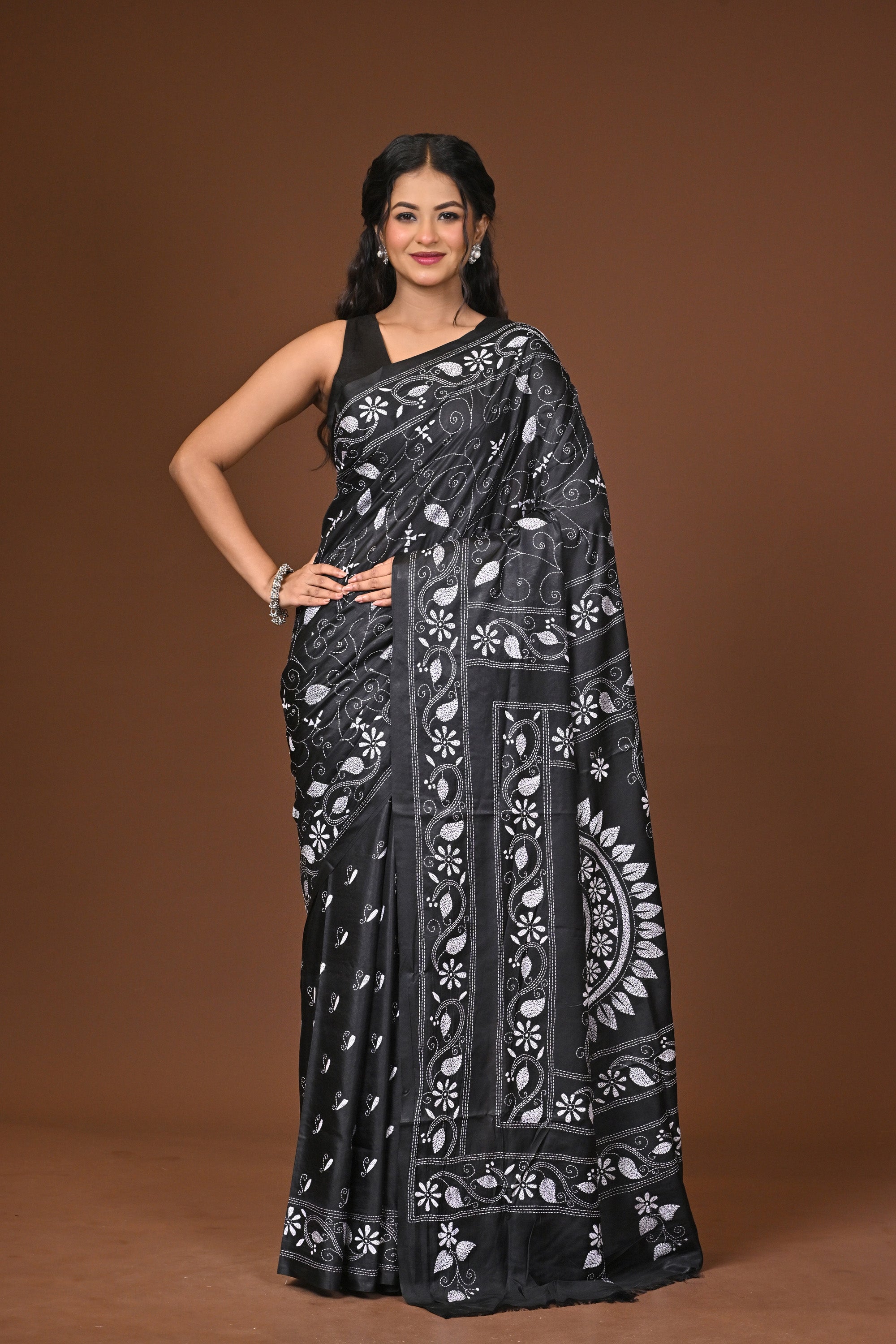 Blended Silk Kantha Stitch Saree Black Thumbnail