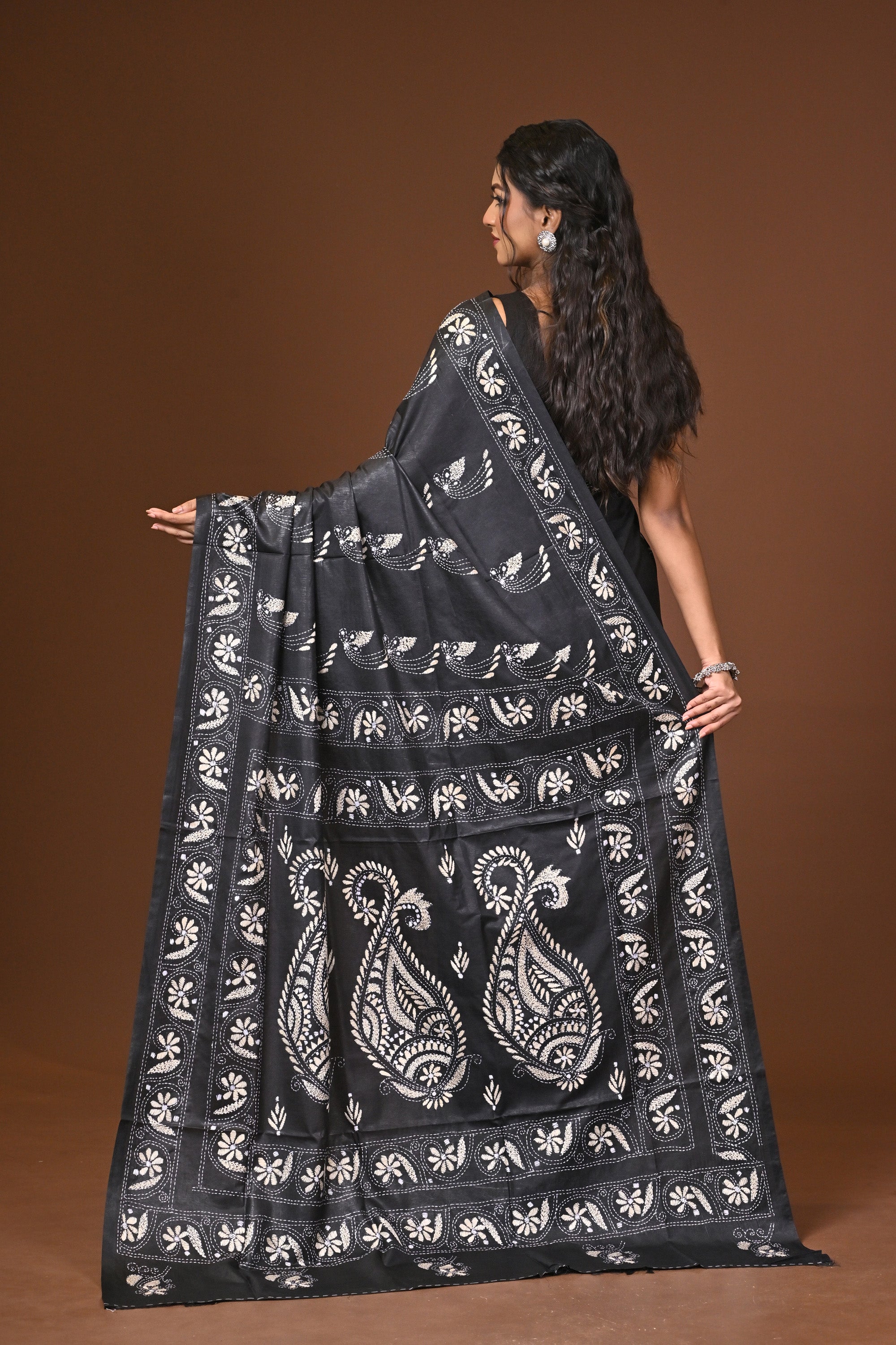 Blended Silk Kantha Stitch Saree Black Thumbnail