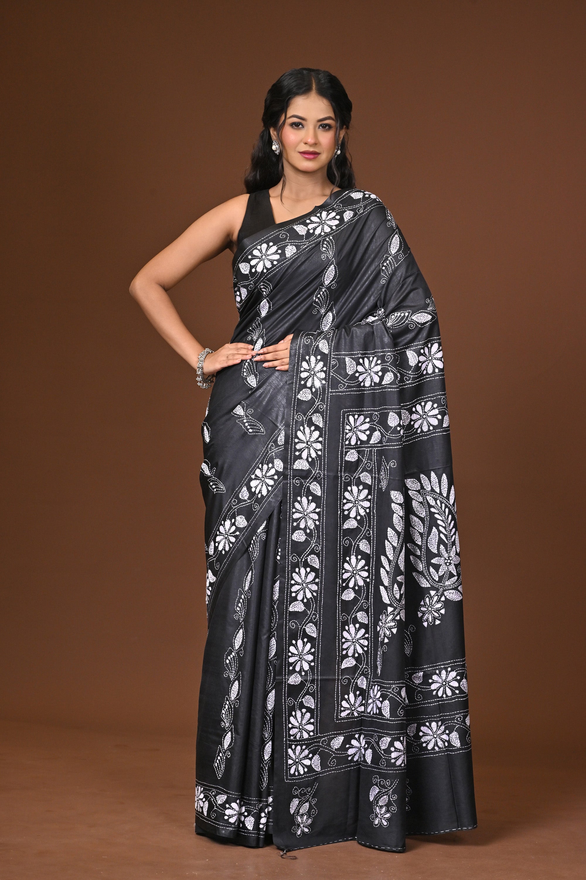 Blended Silk Kantha Stitch Saree Black Thumbnail