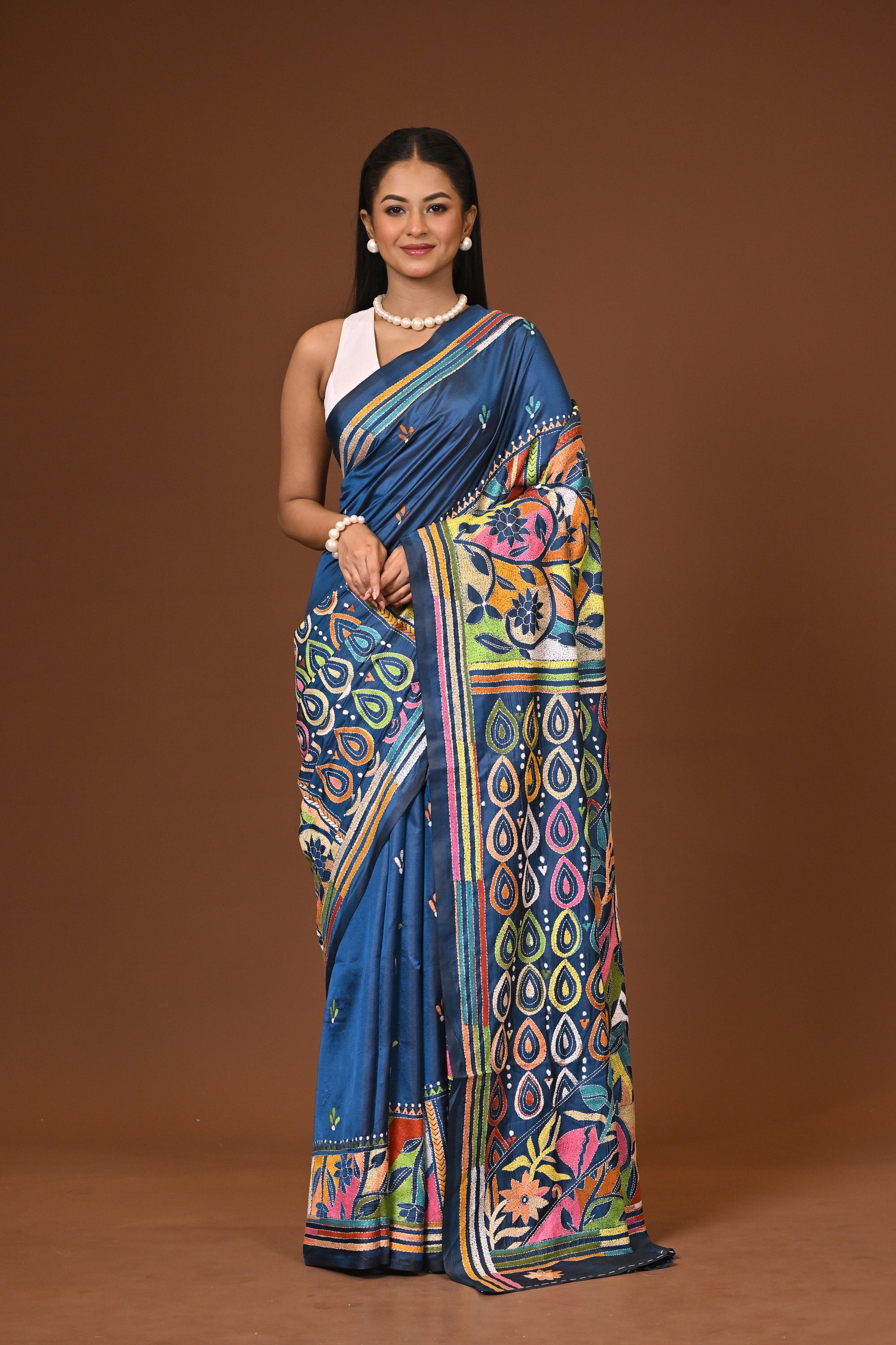 Blended Silk Kantha Stitch Saree Blue