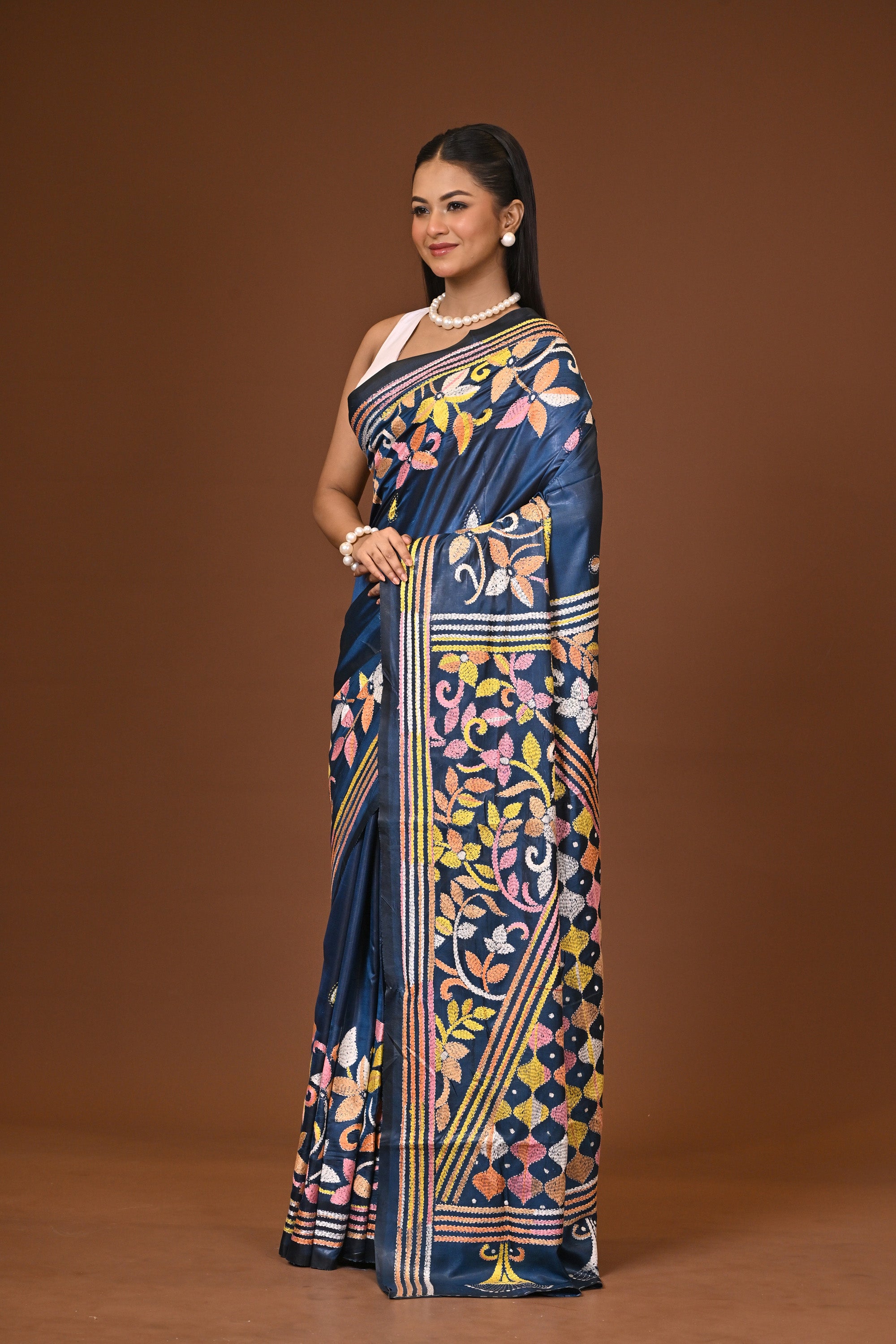 Blended Silk Kantha Stitch Saree Blue Thumbnail