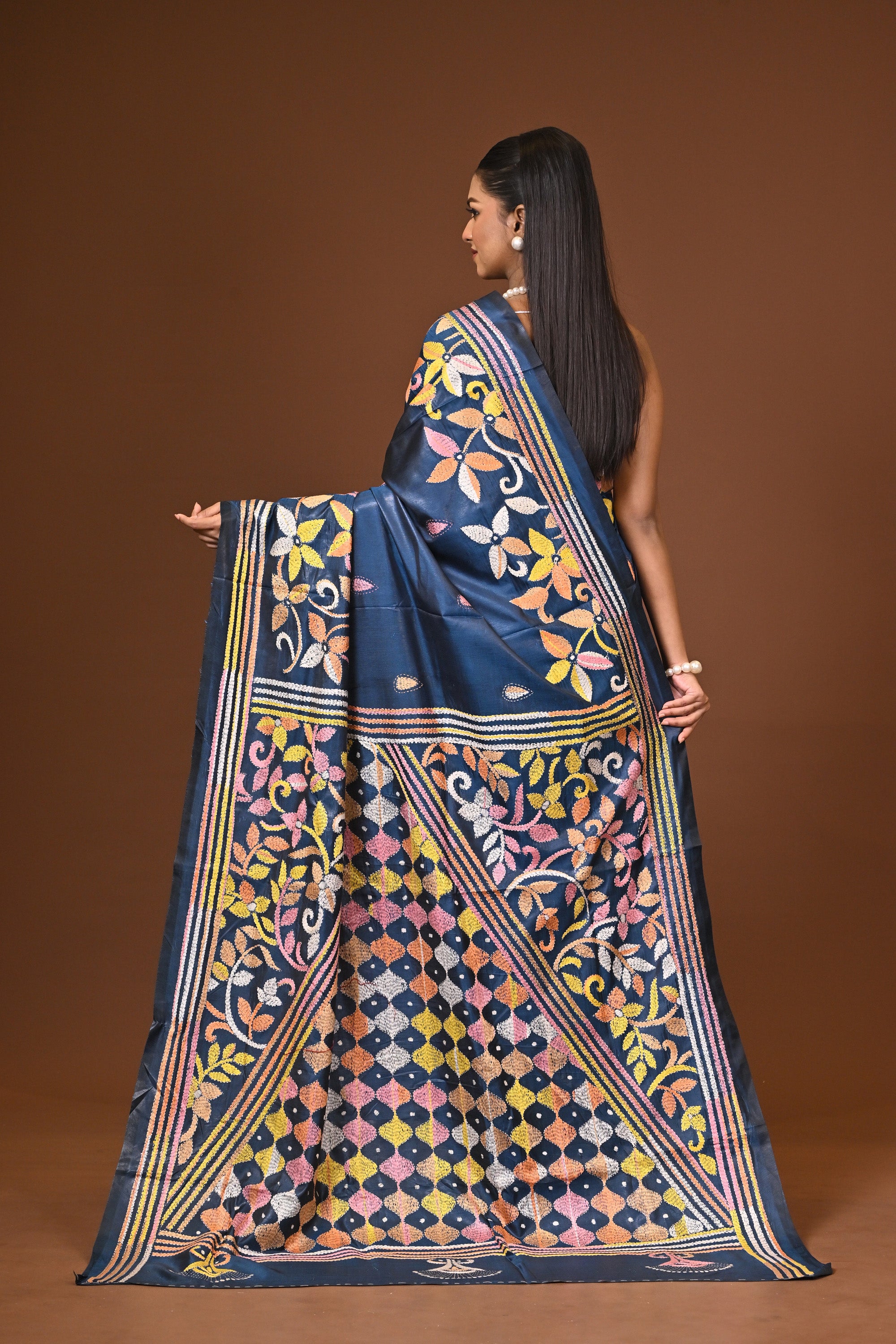 Blended Silk Kantha Stitch Saree Blue Thumbnail