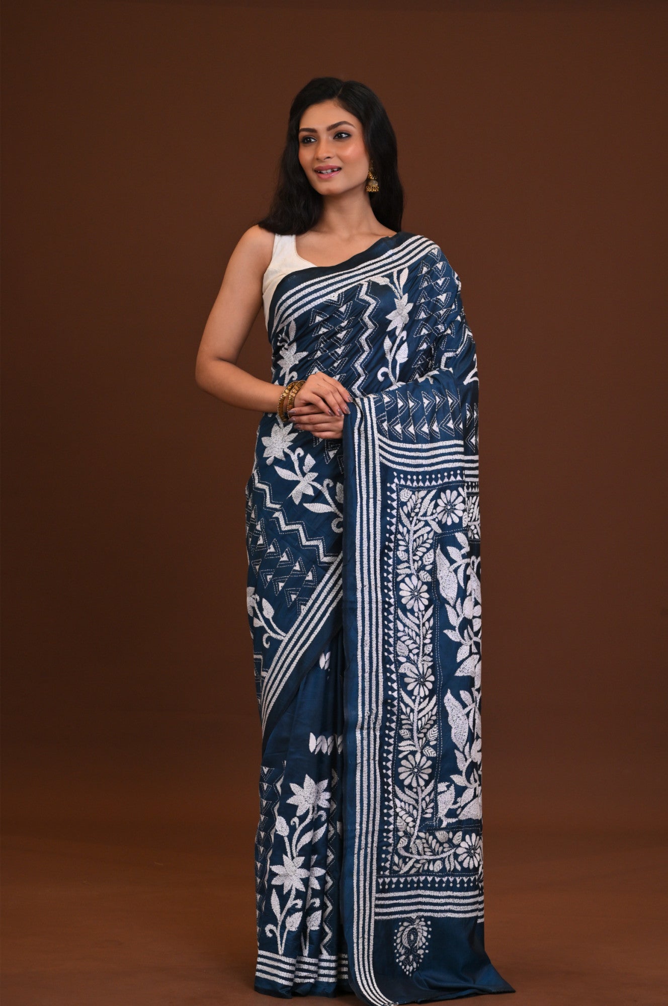 Blended Silk Kantha Stitch Saree Blue Thumbnail