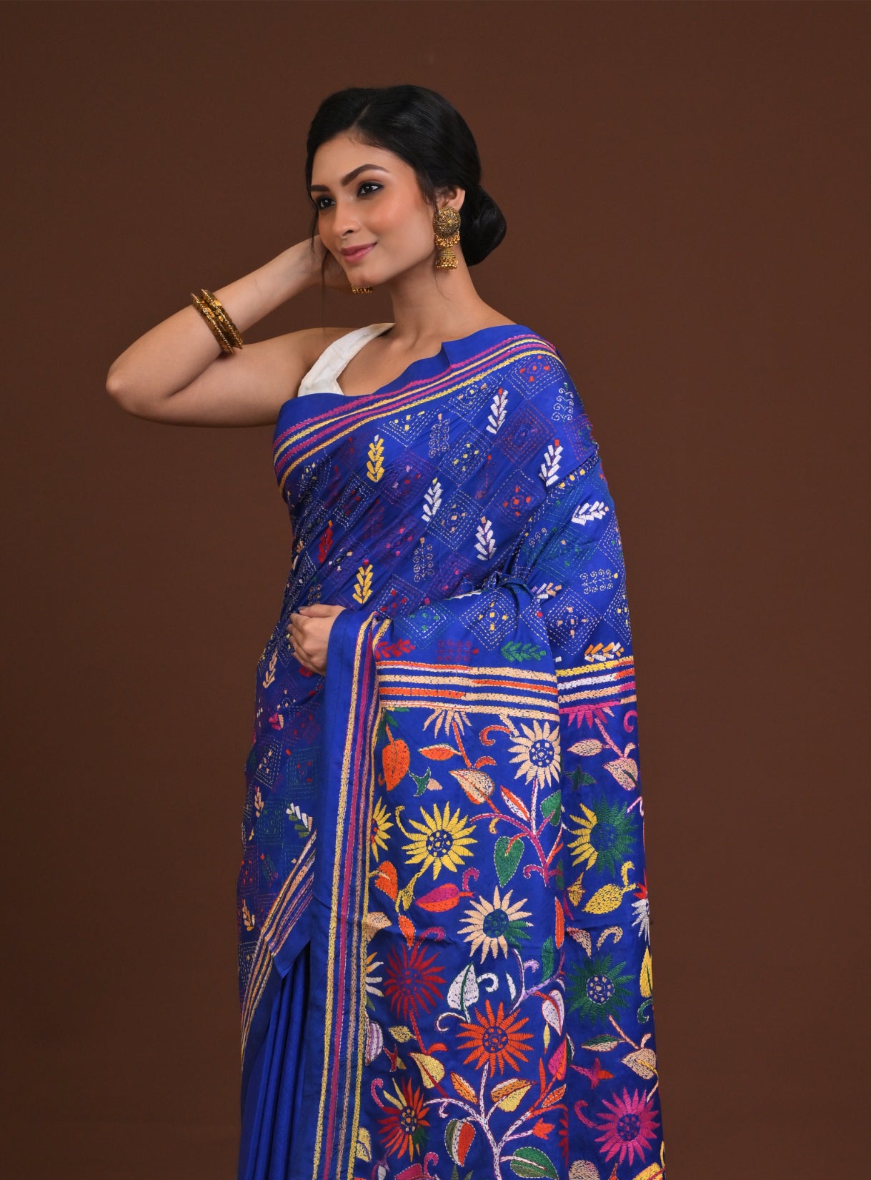Blended Silk Kantha Stitch Saree Blue