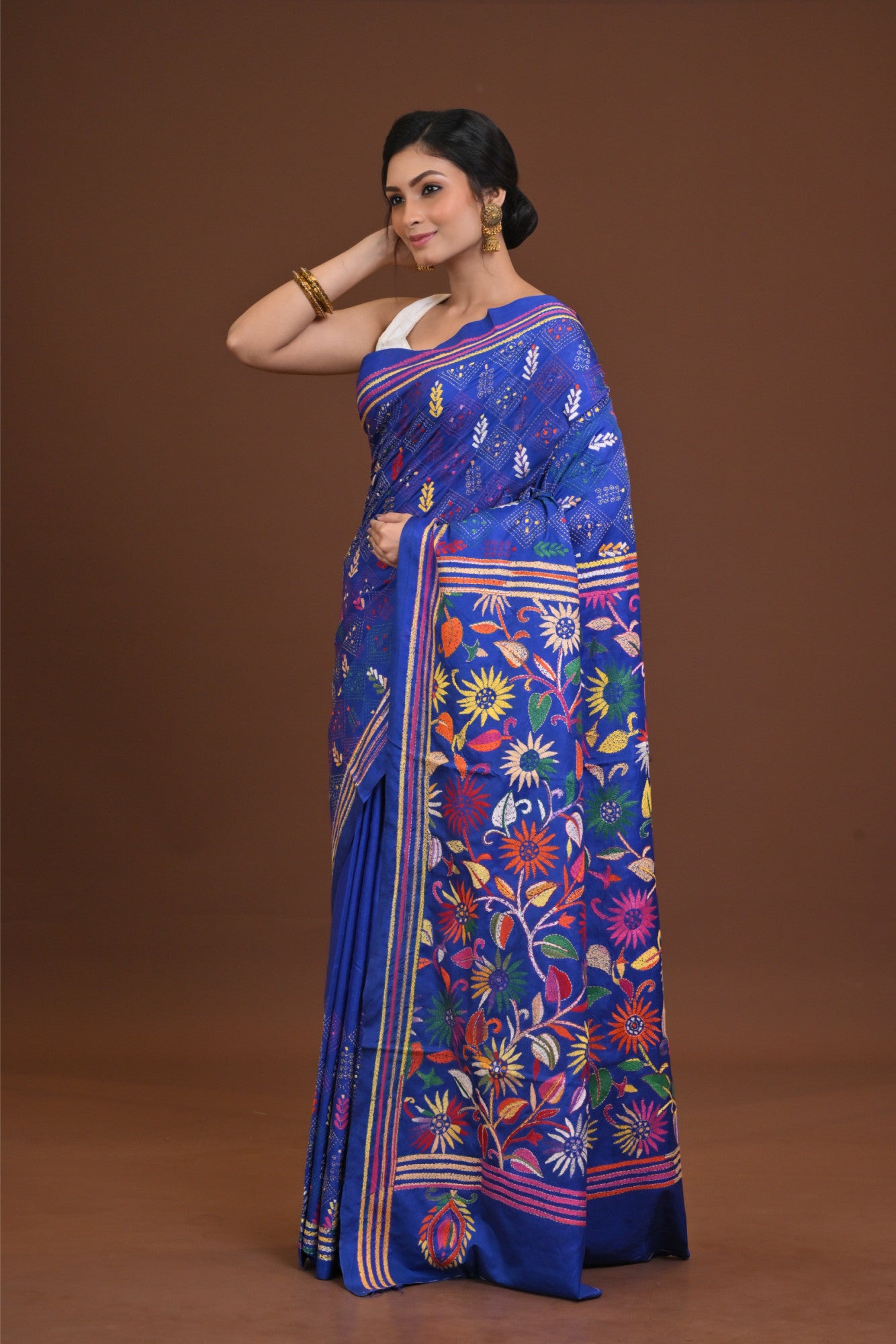 Blended Silk Kantha Stitch Saree Blue Thumbnail