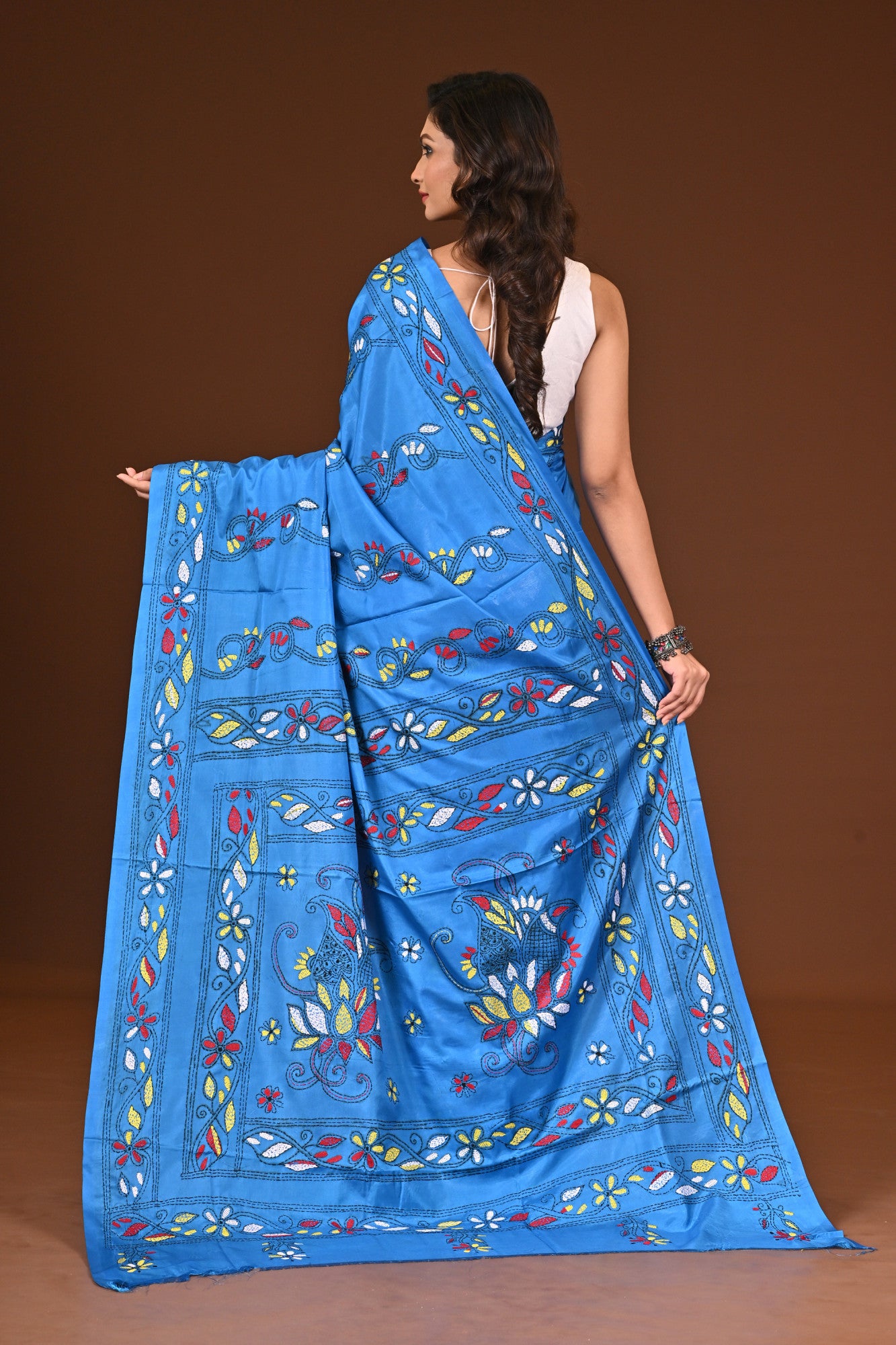 Blended Silk Kantha Stitch Saree Blue Thumbnail