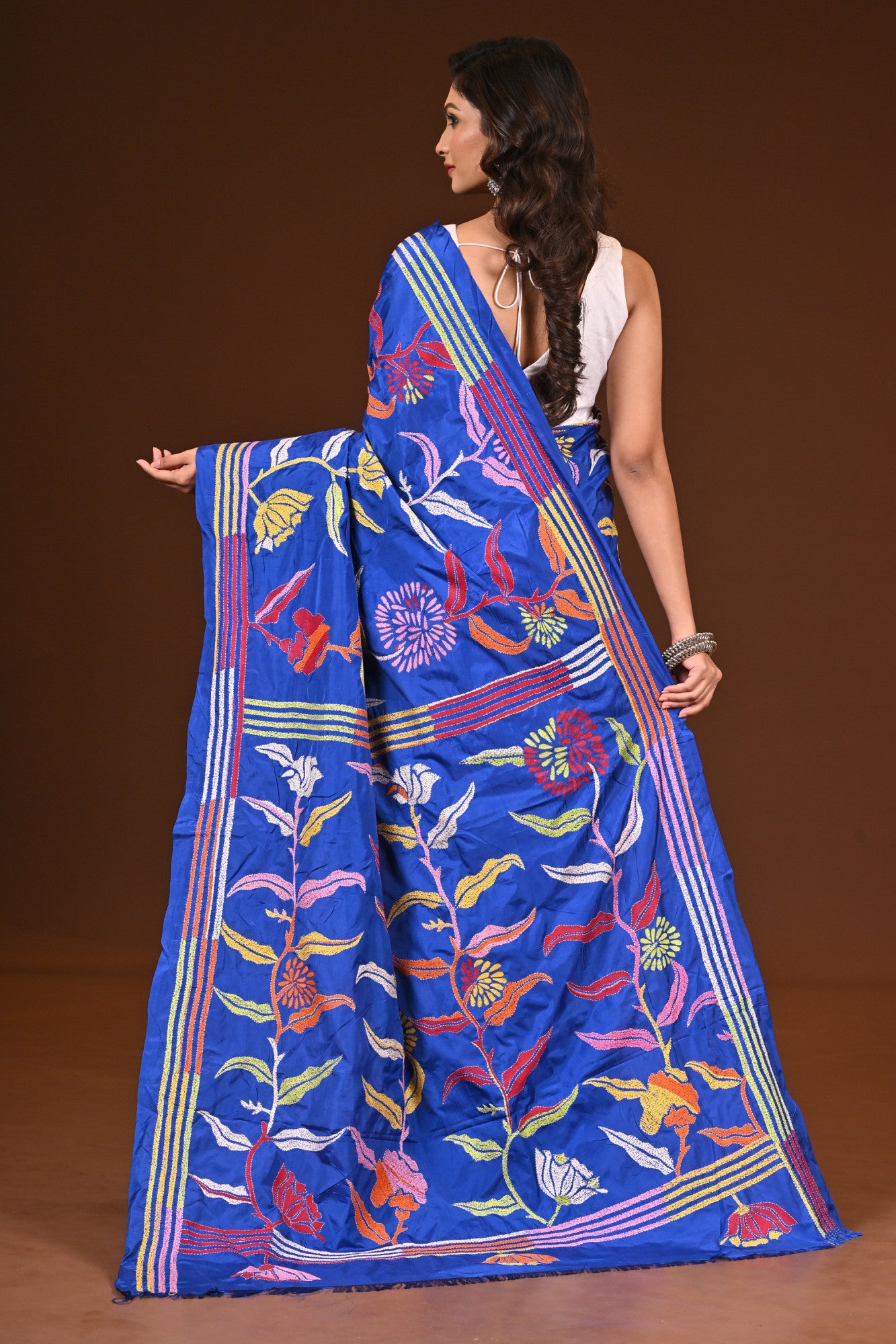 Blended Silk Kantha Stitch Saree Blue Thumbnail
