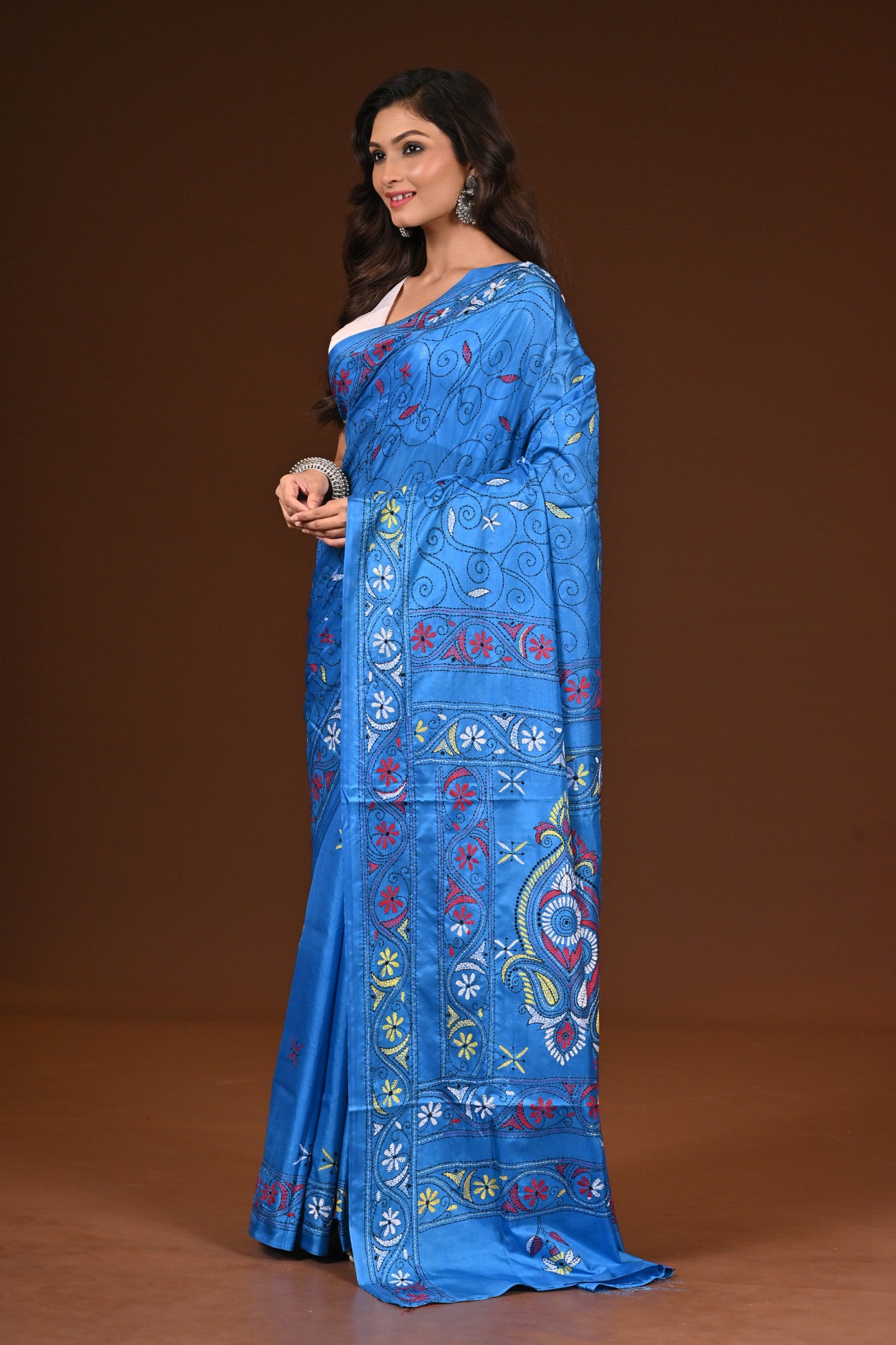 Blended Silk Kantha Stitch Saree Blue Thumbnail