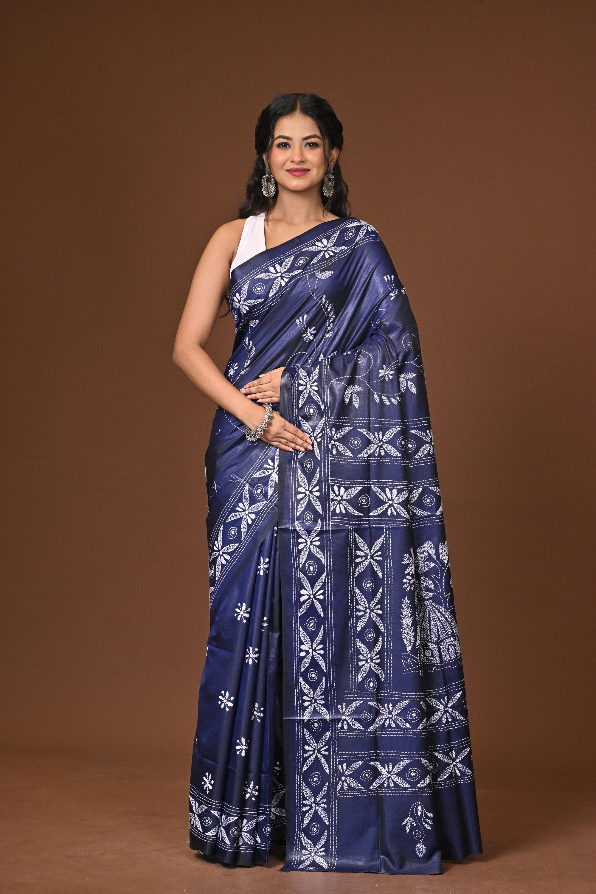 Blended Silk Kantha Stitch Saree Blue