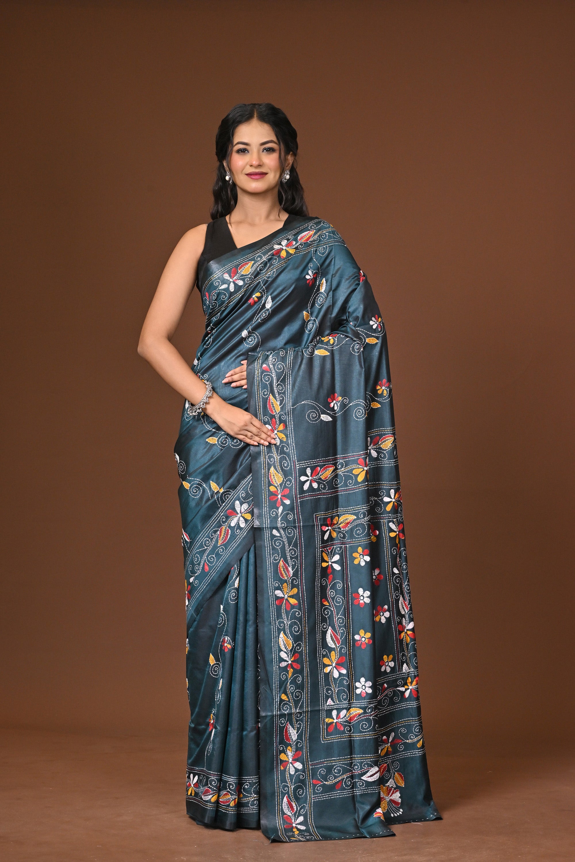 Blended Silk Kantha Stitch Saree Blue Thumbnail