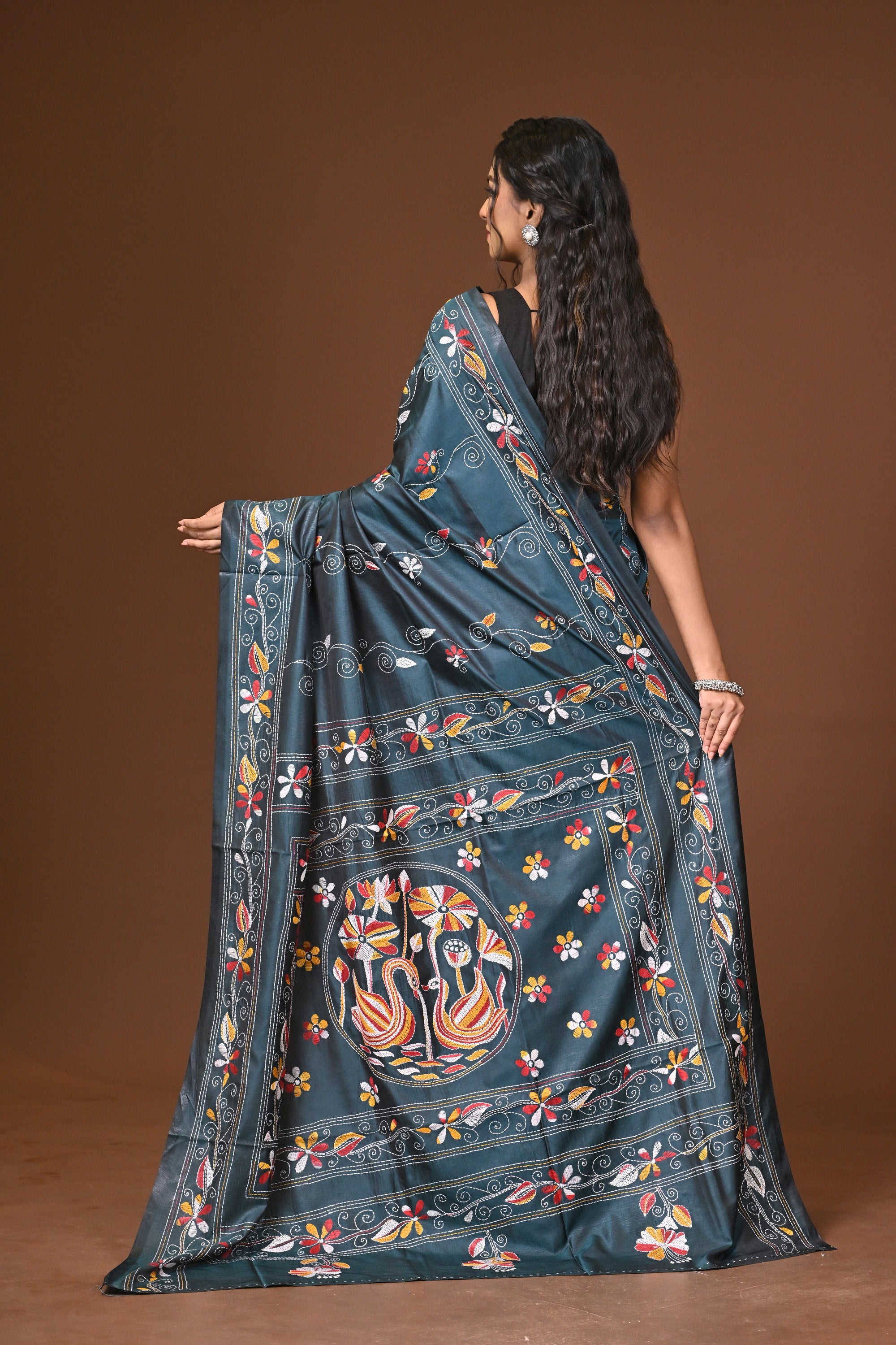 Blended Silk Kantha Stitch Saree Blue Thumbnail