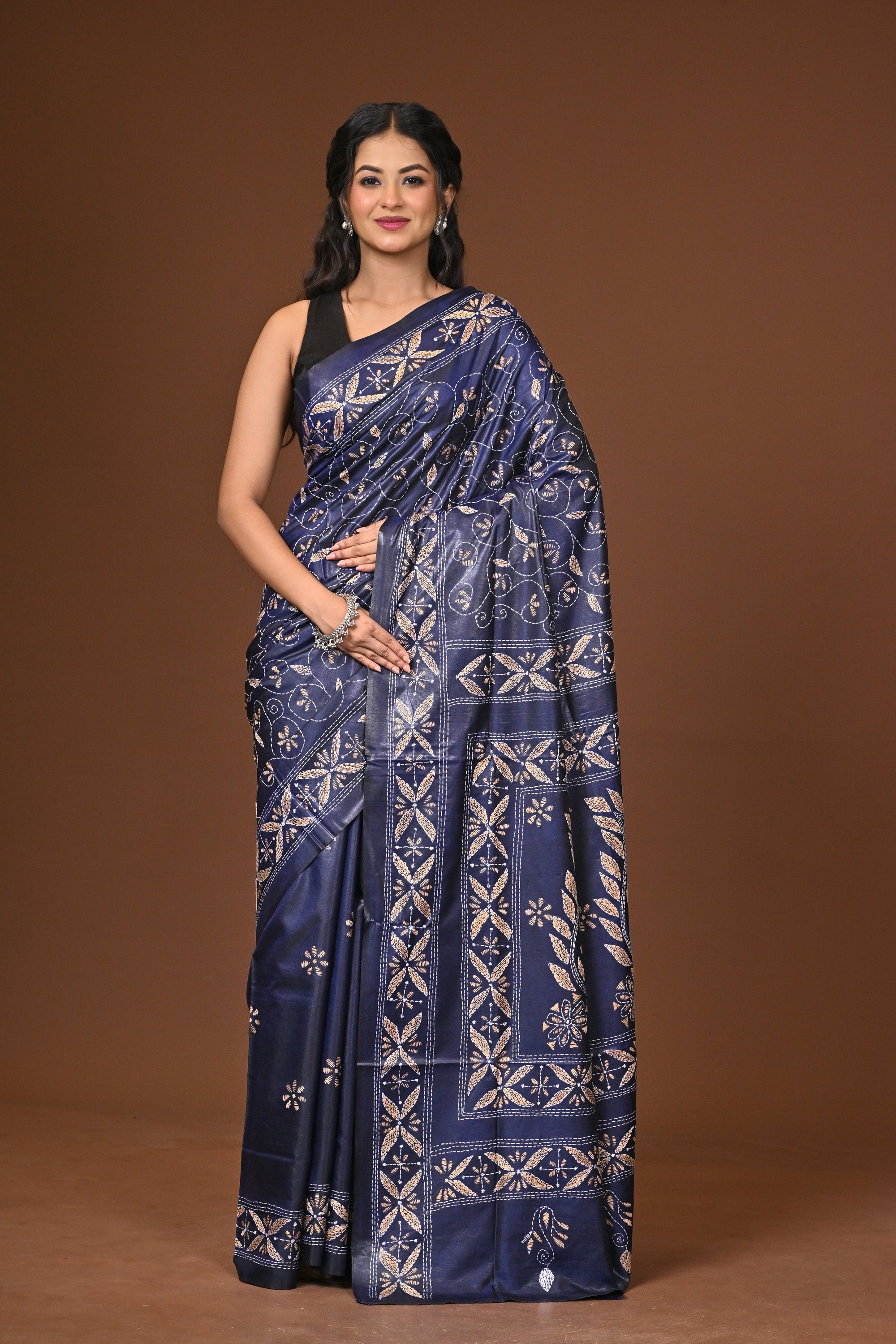 Blended Silk Kantha Stitch Saree Blue Thumbnail