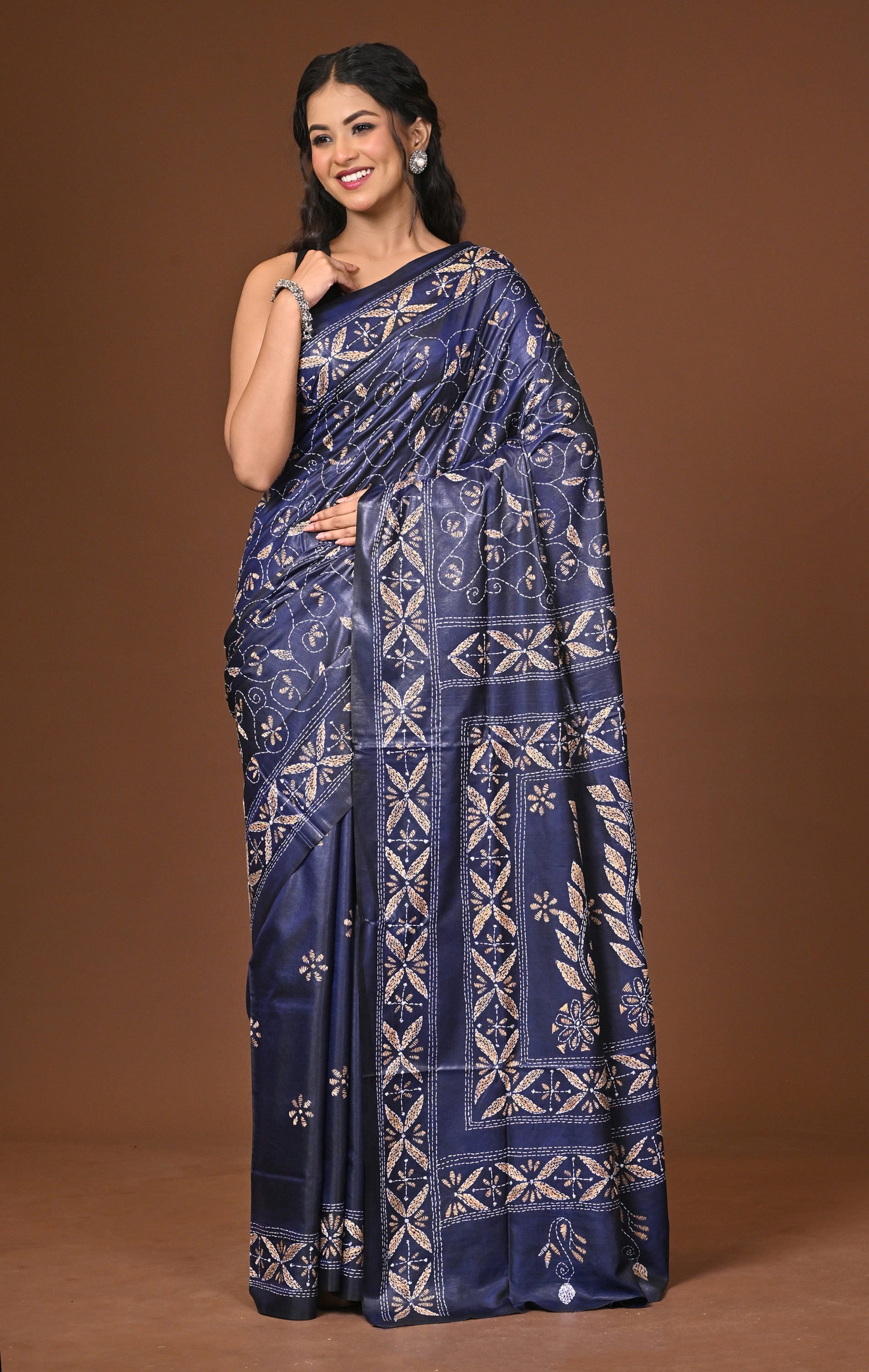 Blended Silk Kantha Stitch Saree Blue Thumbnail