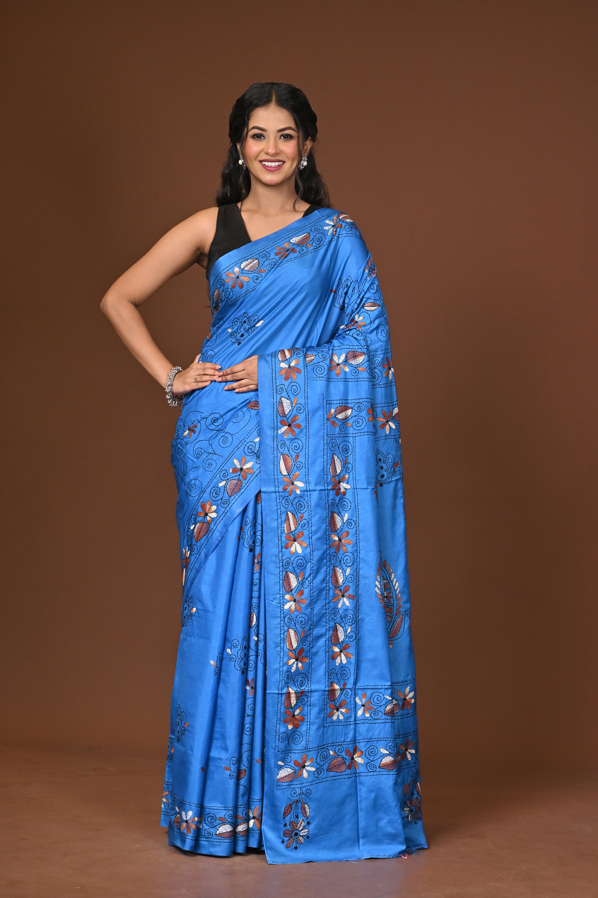 Blended Silk Kantha Stitch Saree Blue Thumbnail