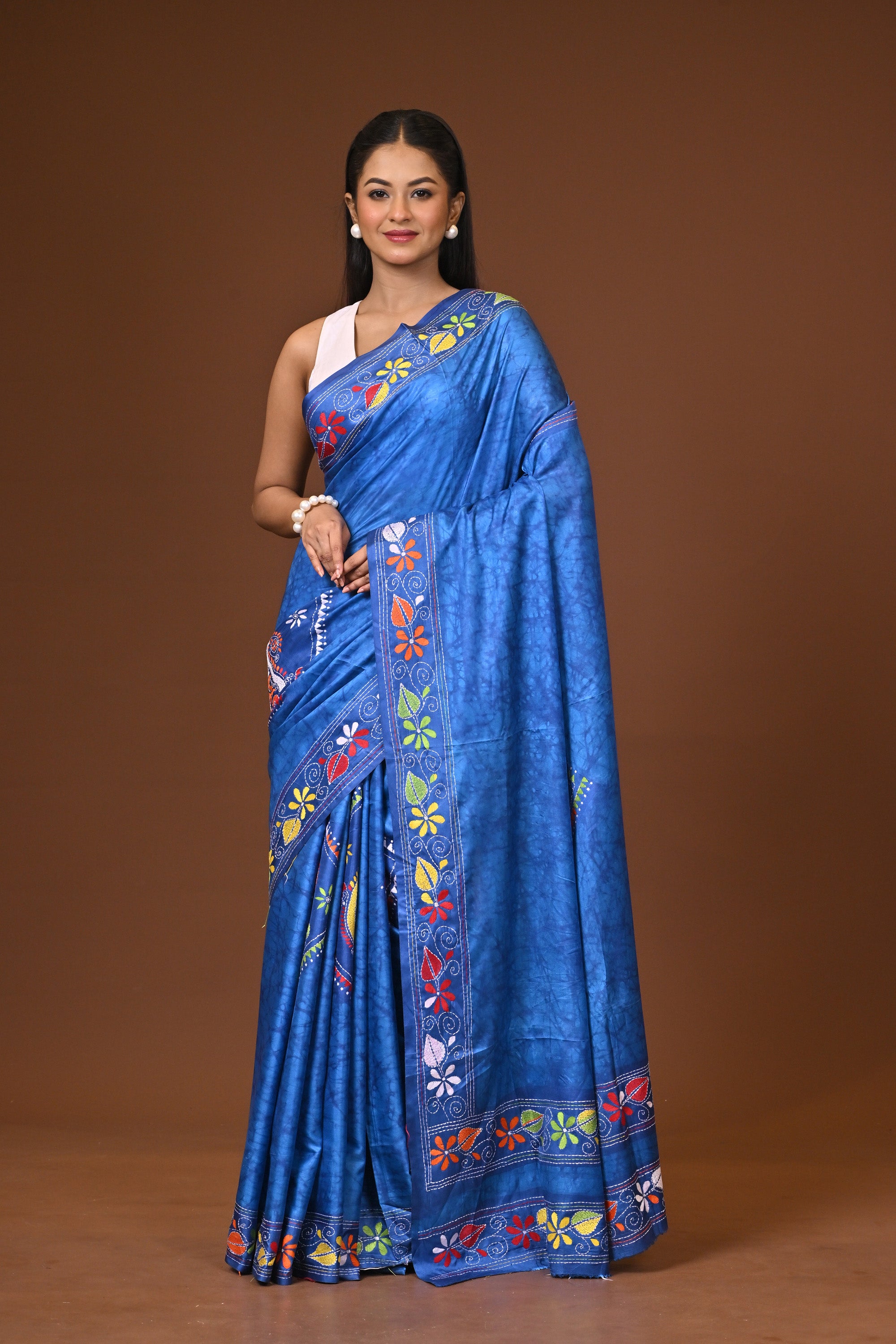 Blended Silk Kantha Stitch Saree Blue