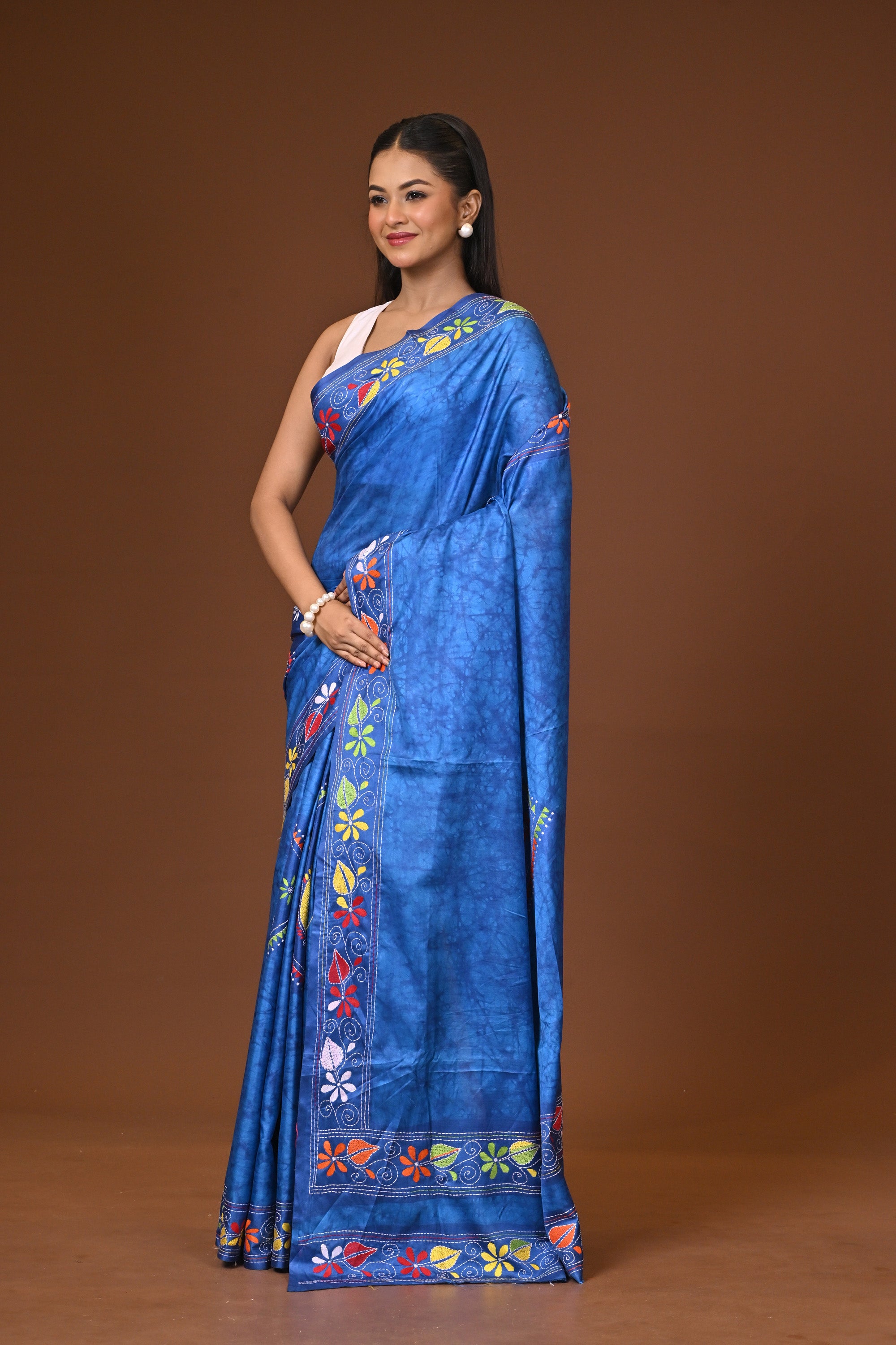 Blended Silk Kantha Stitch Saree Blue Thumbnail