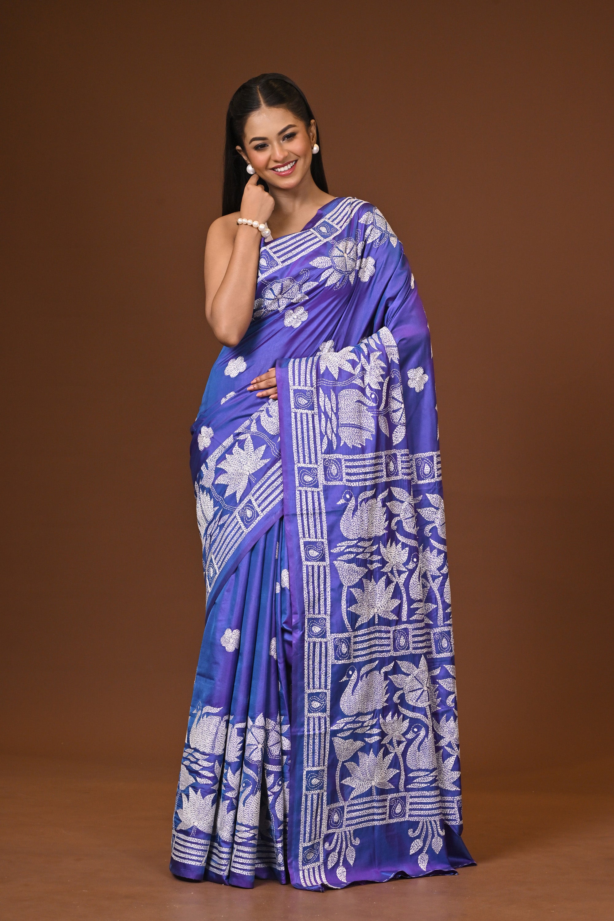 Blended Silk Kantha Stitch Saree Blue Thumbnail