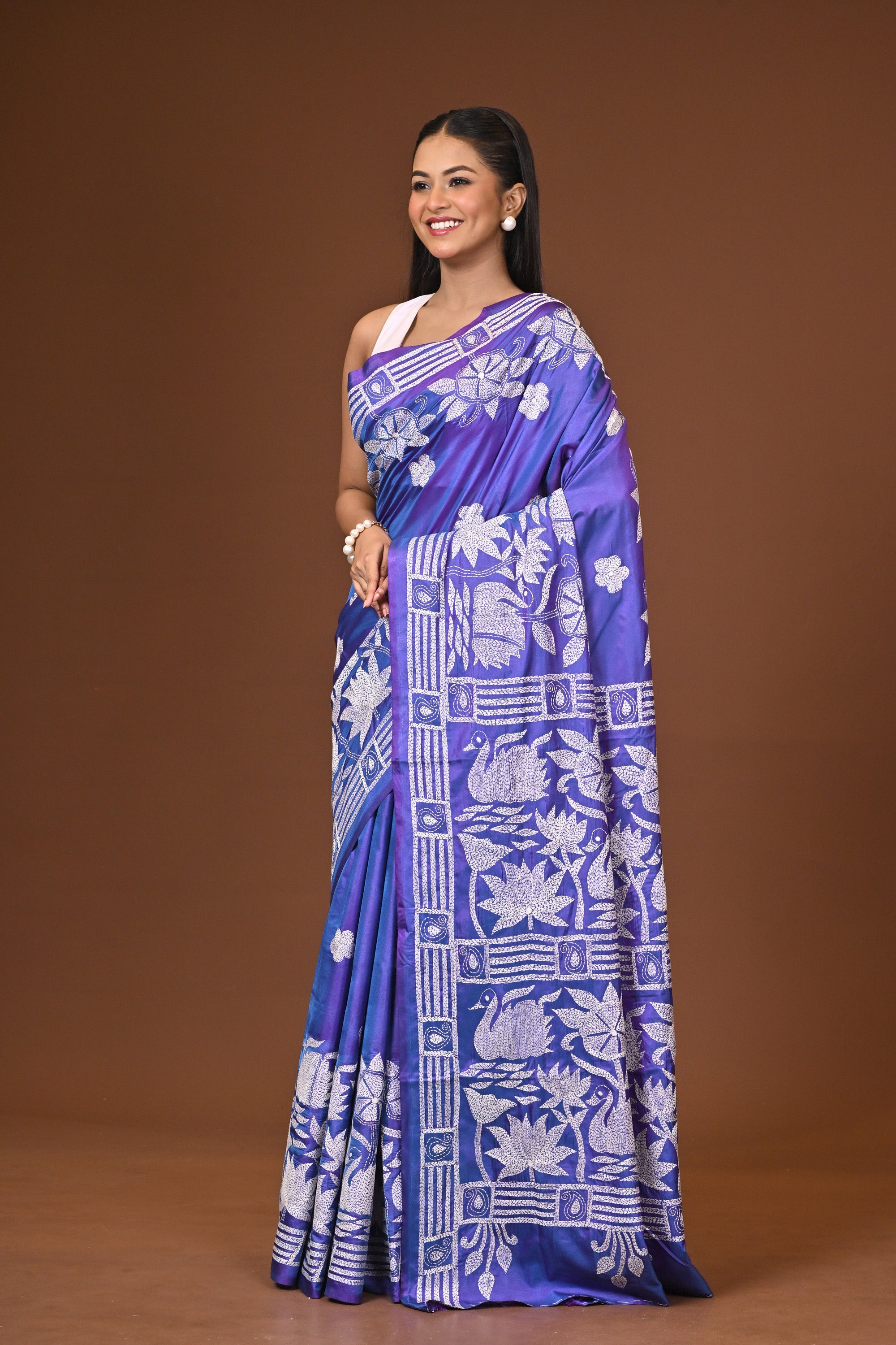 Blended Silk Kantha Stitch Saree Blue Thumbnail