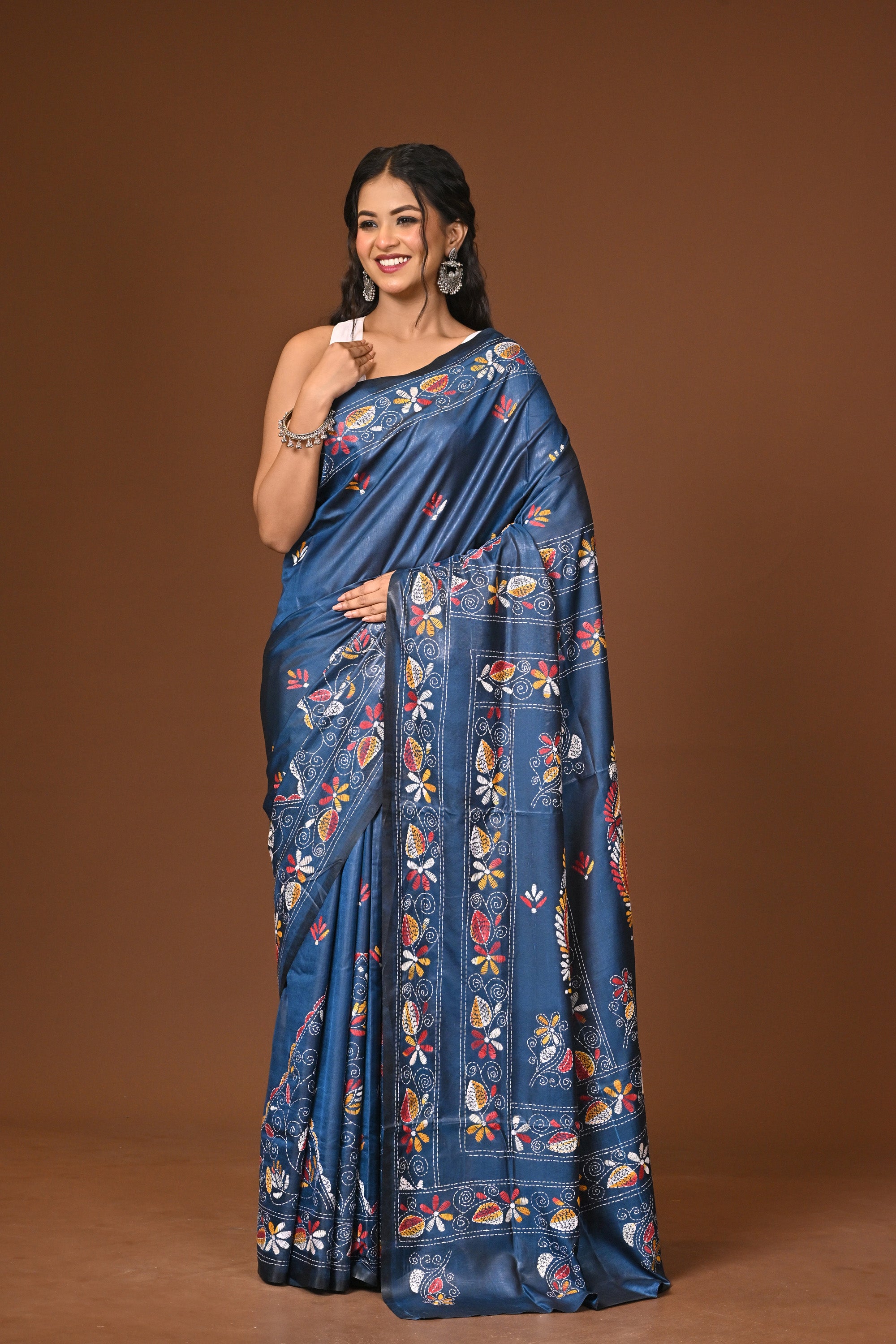 Blended Silk Kantha Stitch Saree Blue Thumbnail