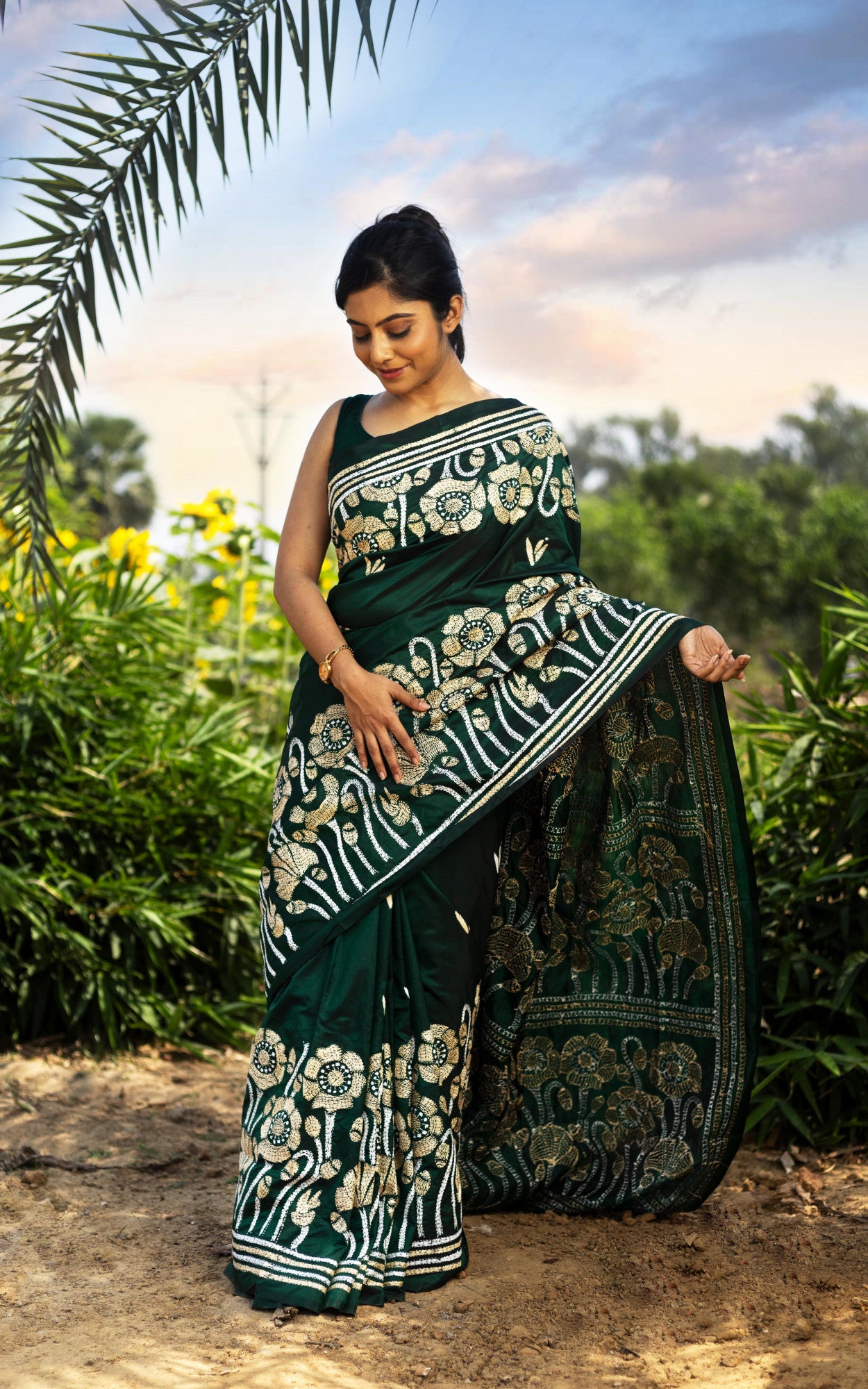 Blended Silk Kantha Stitch Saree Bottle Green