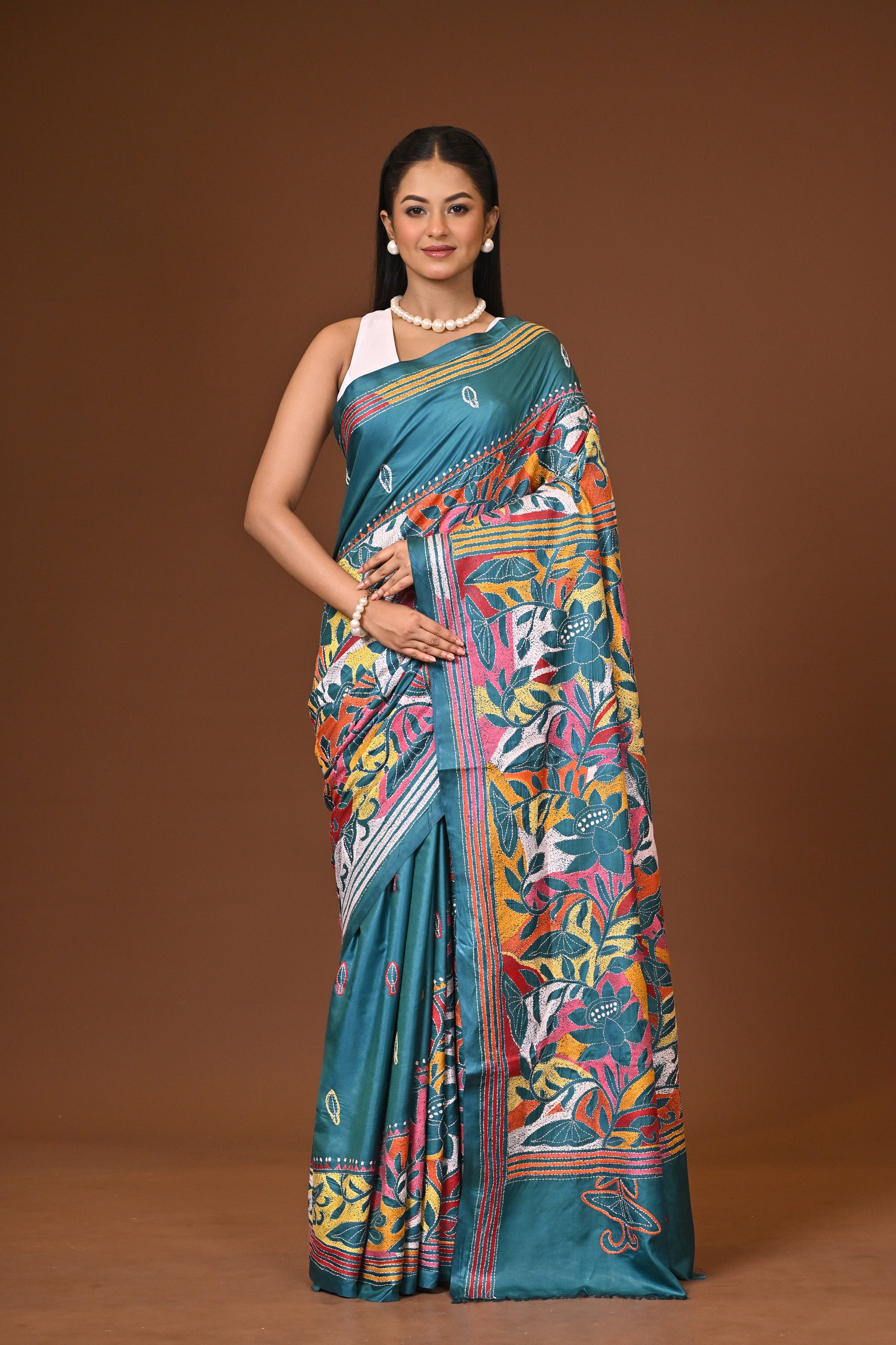 Blended Silk Kantha Stitch Saree Bottle Green