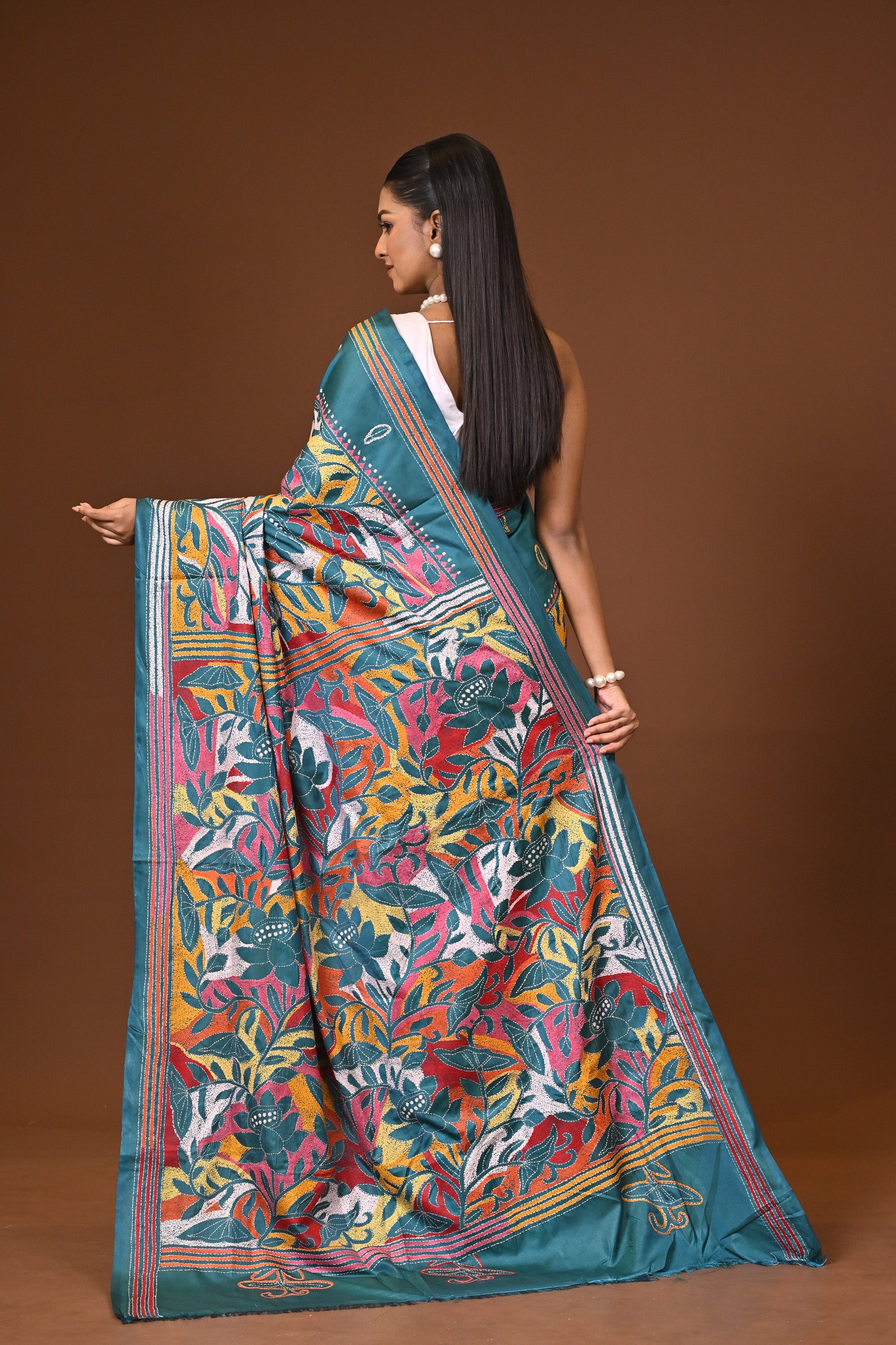 Blended Silk Kantha Stitch Saree Bottle Green Thumbnail