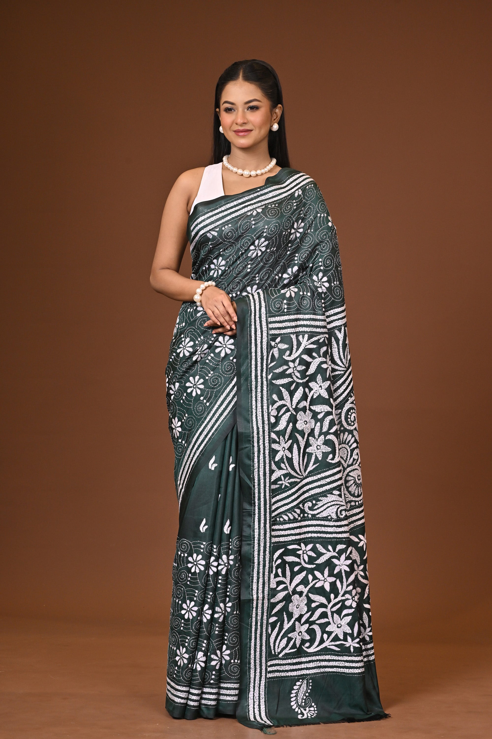 Blended Silk Kantha Stitch Saree Bottle Green Thumbnail