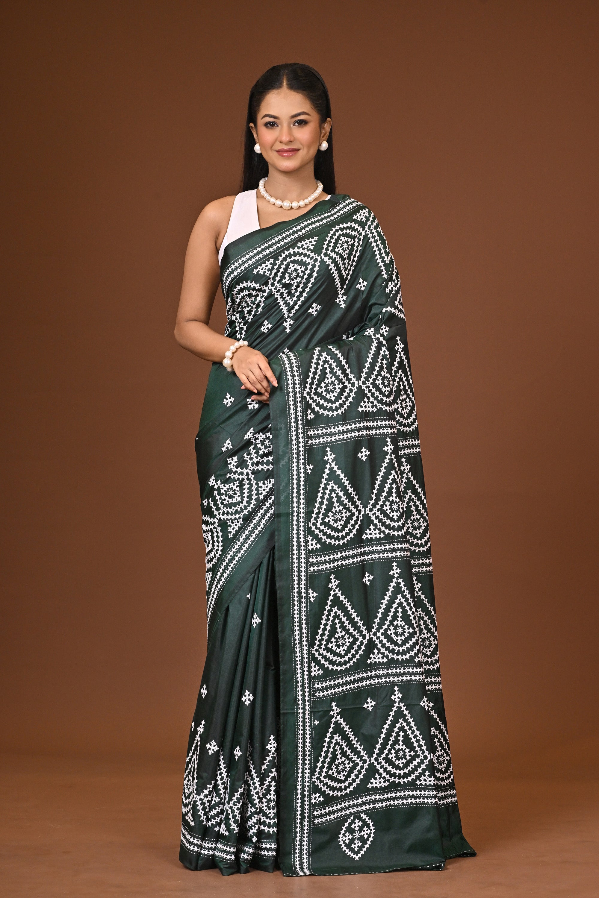 Blended Silk Kantha Stitch Saree Bottle Green