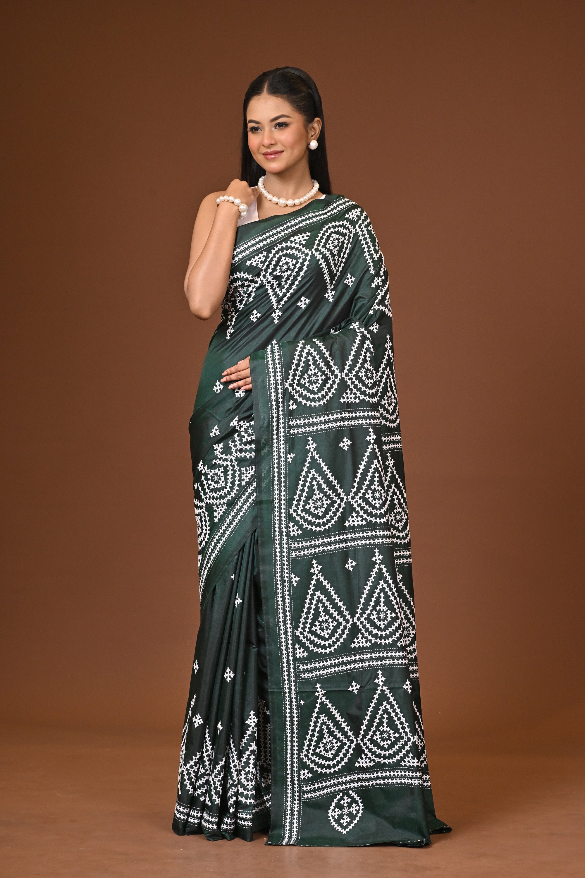 Blended Silk Kantha Stitch Saree Bottle Green Thumbnail
