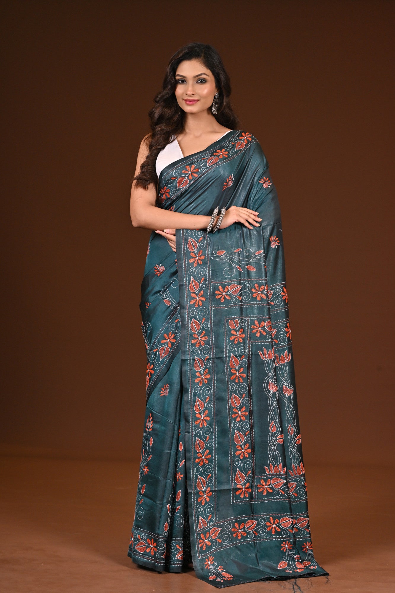 Blended Silk Kantha Stitch Saree Bottle Green