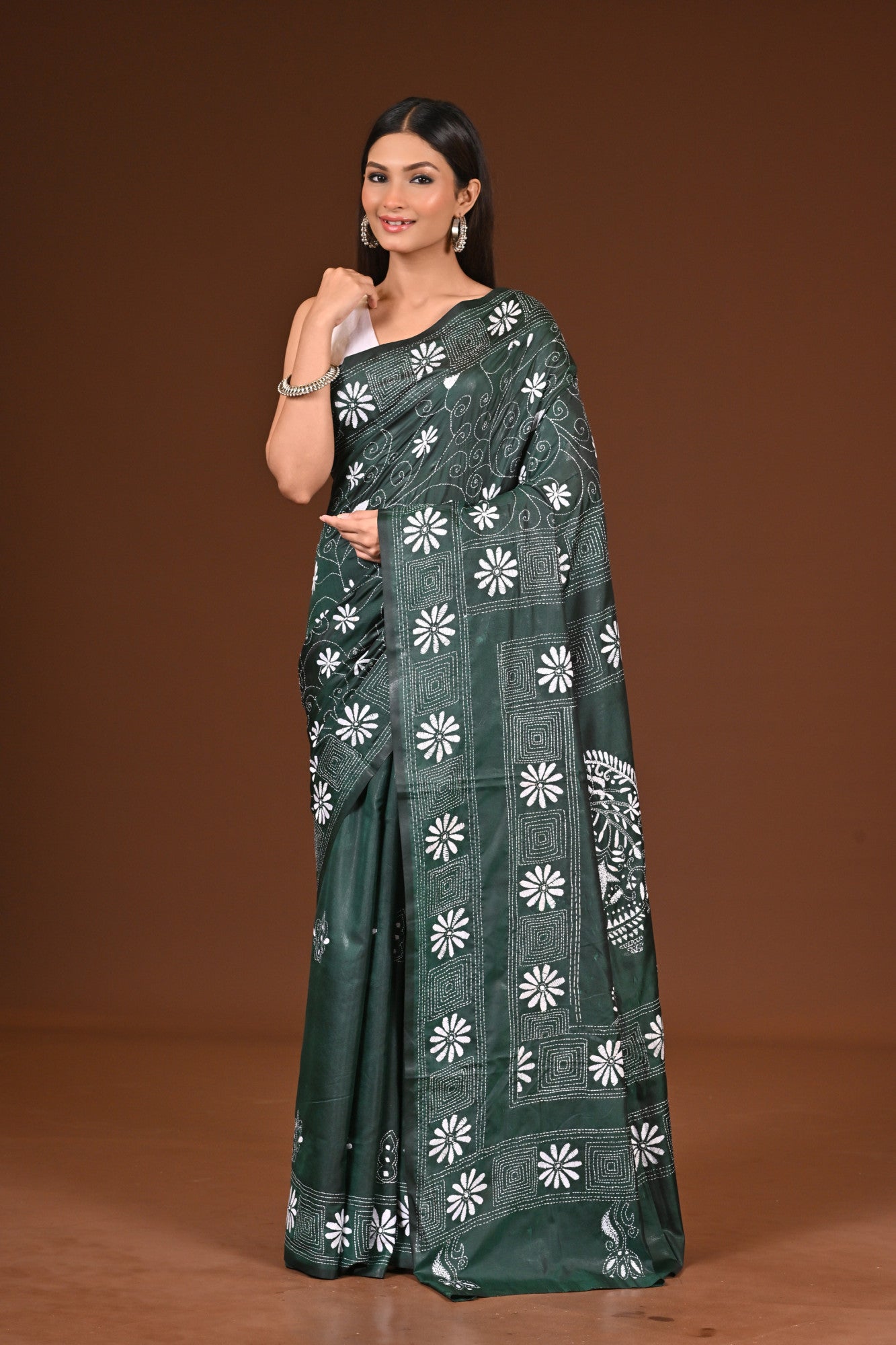 Blended Silk Kantha Stitch Saree Bottle Green