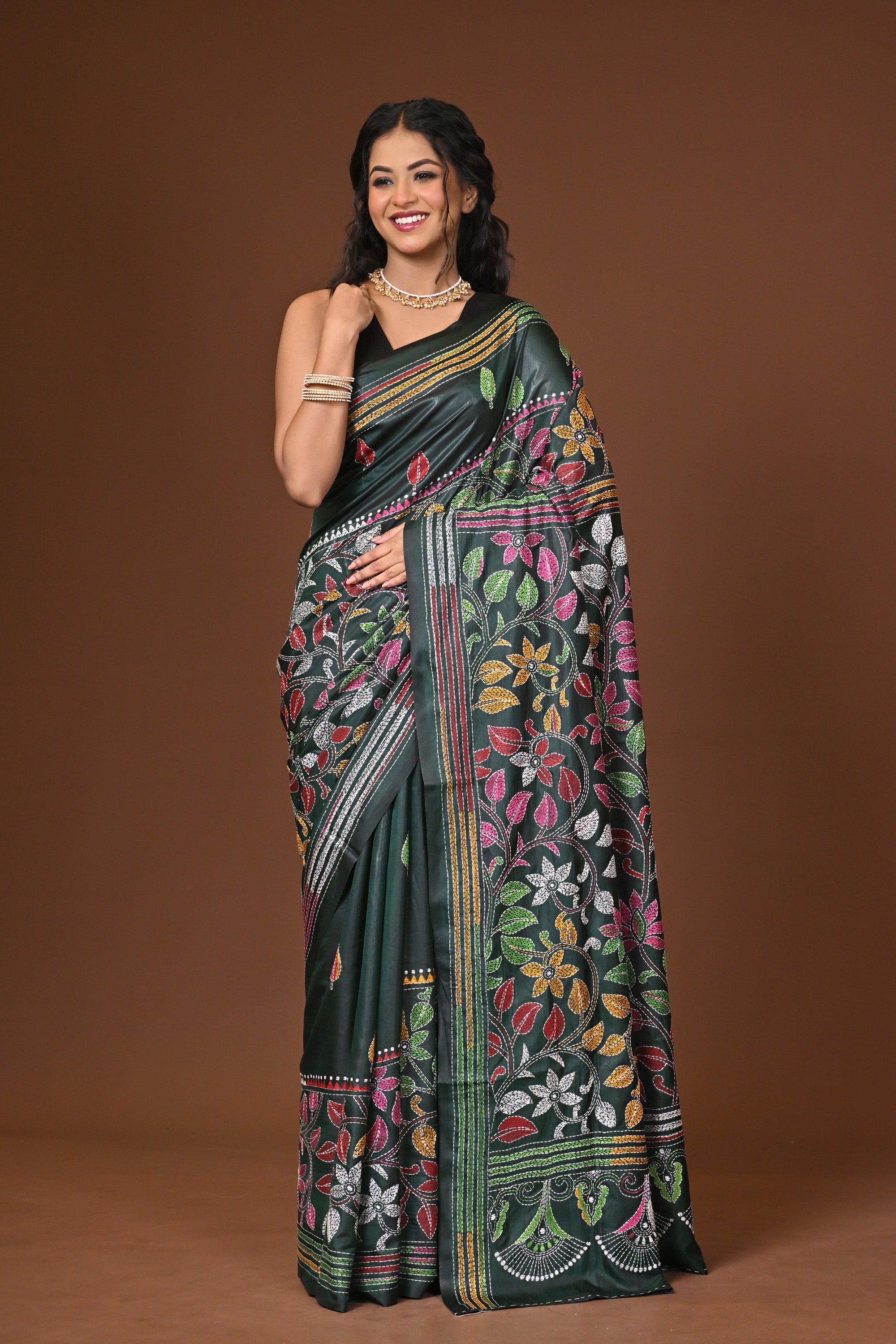 Blended Silk Kantha Stitch Saree Bottle Green Thumbnail