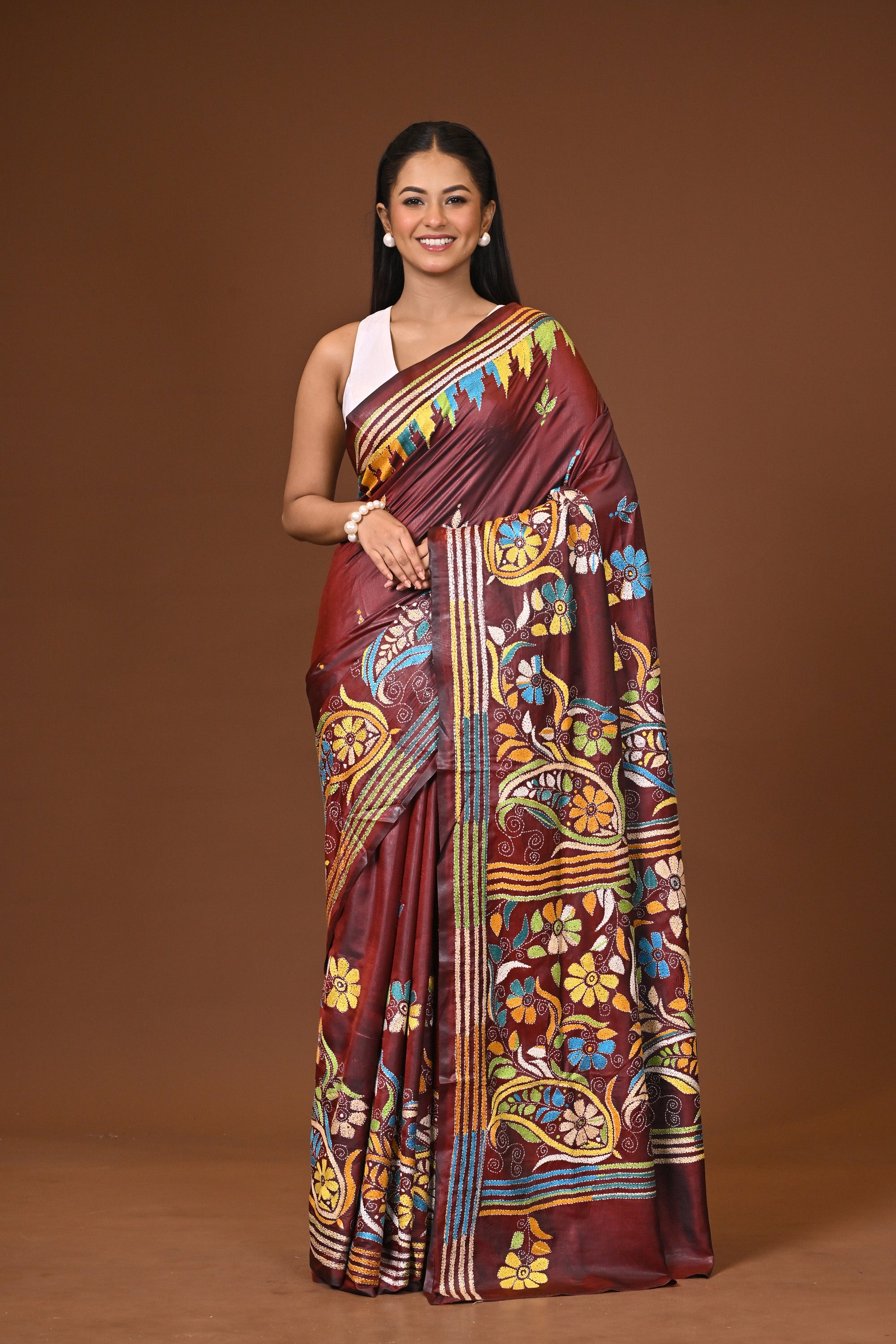 Blended Silk Kantha Stitch Saree Brown
