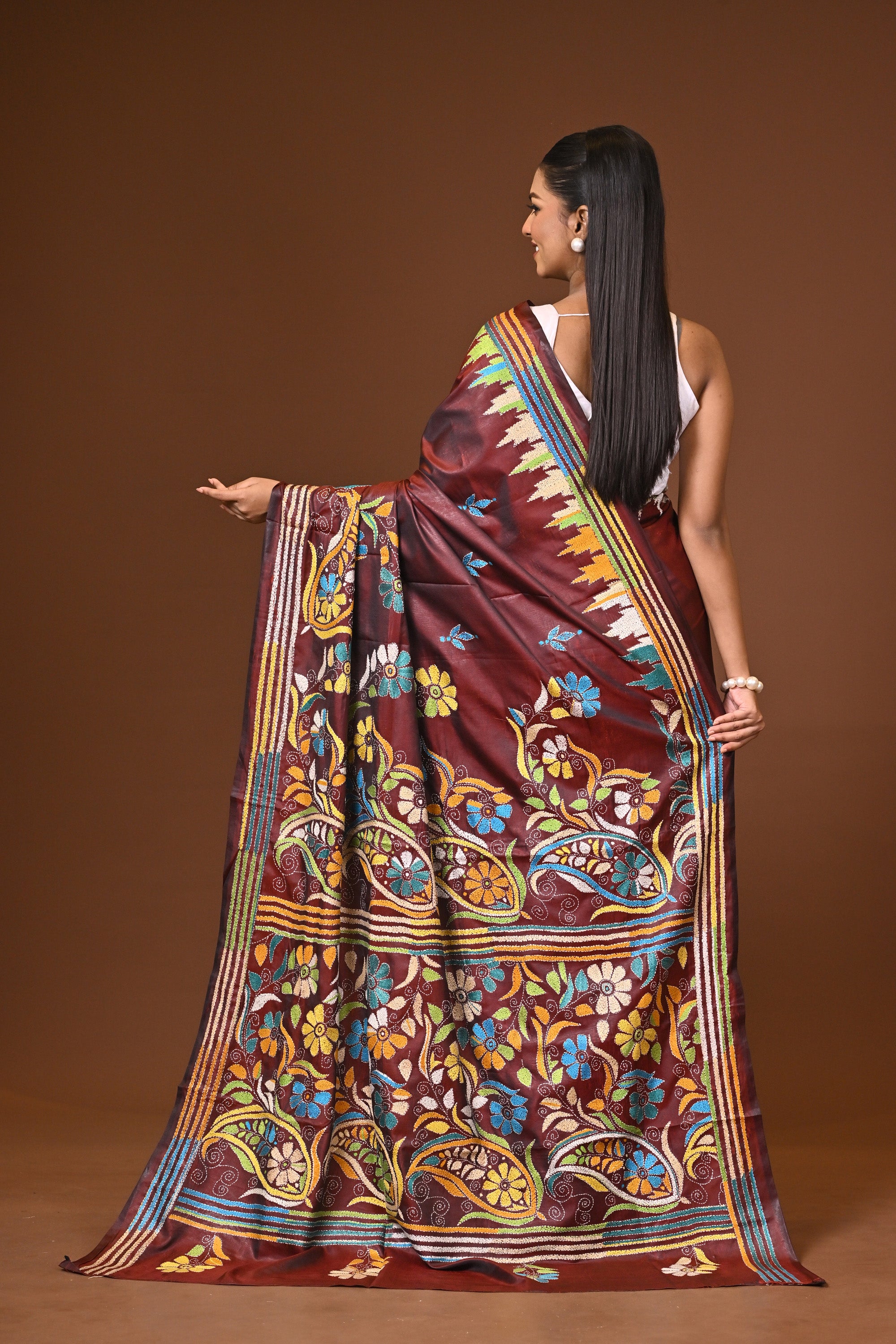Blended Silk Kantha Stitch Saree Brown Thumbnail