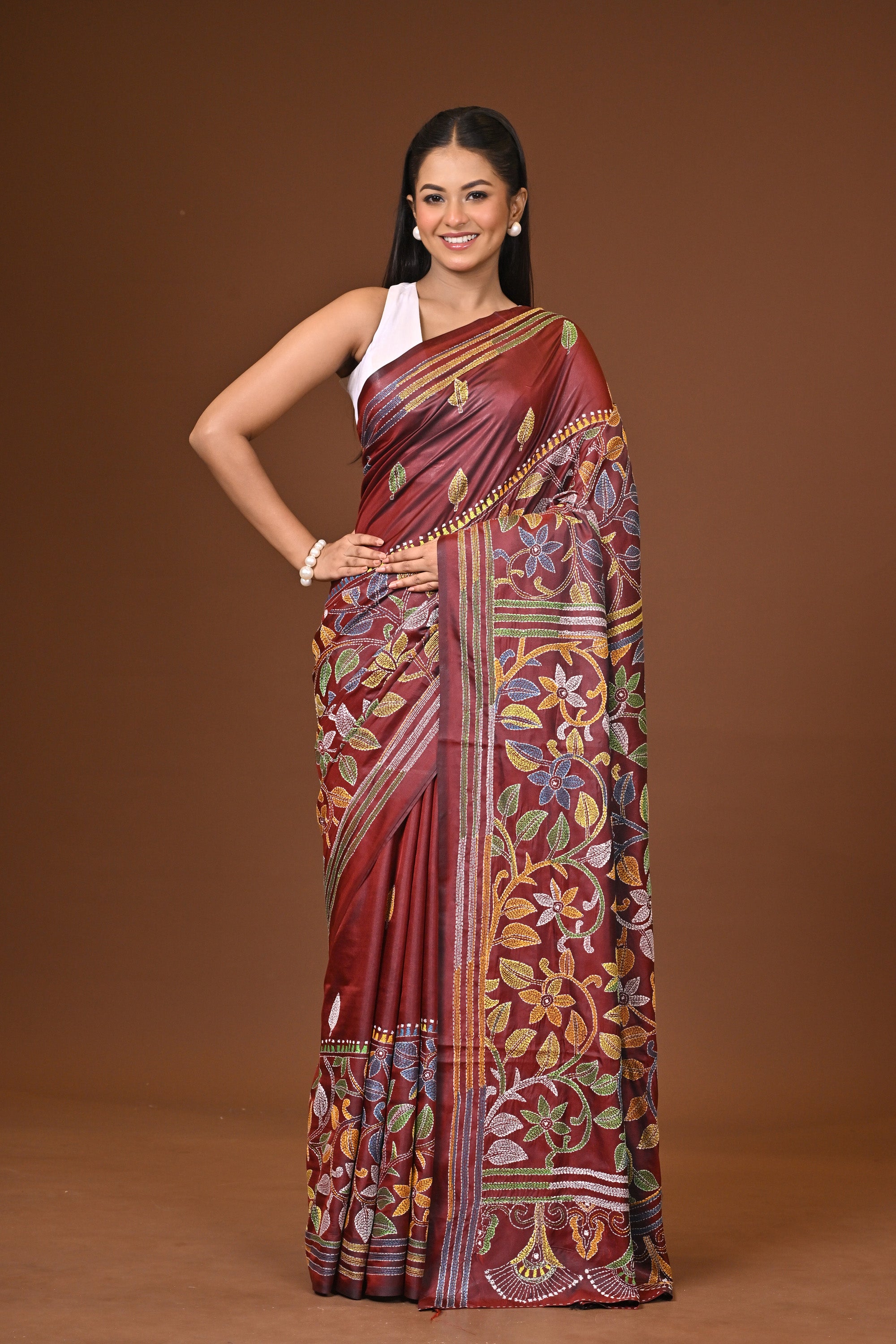 Blended Silk Kantha Stitch Saree Purple