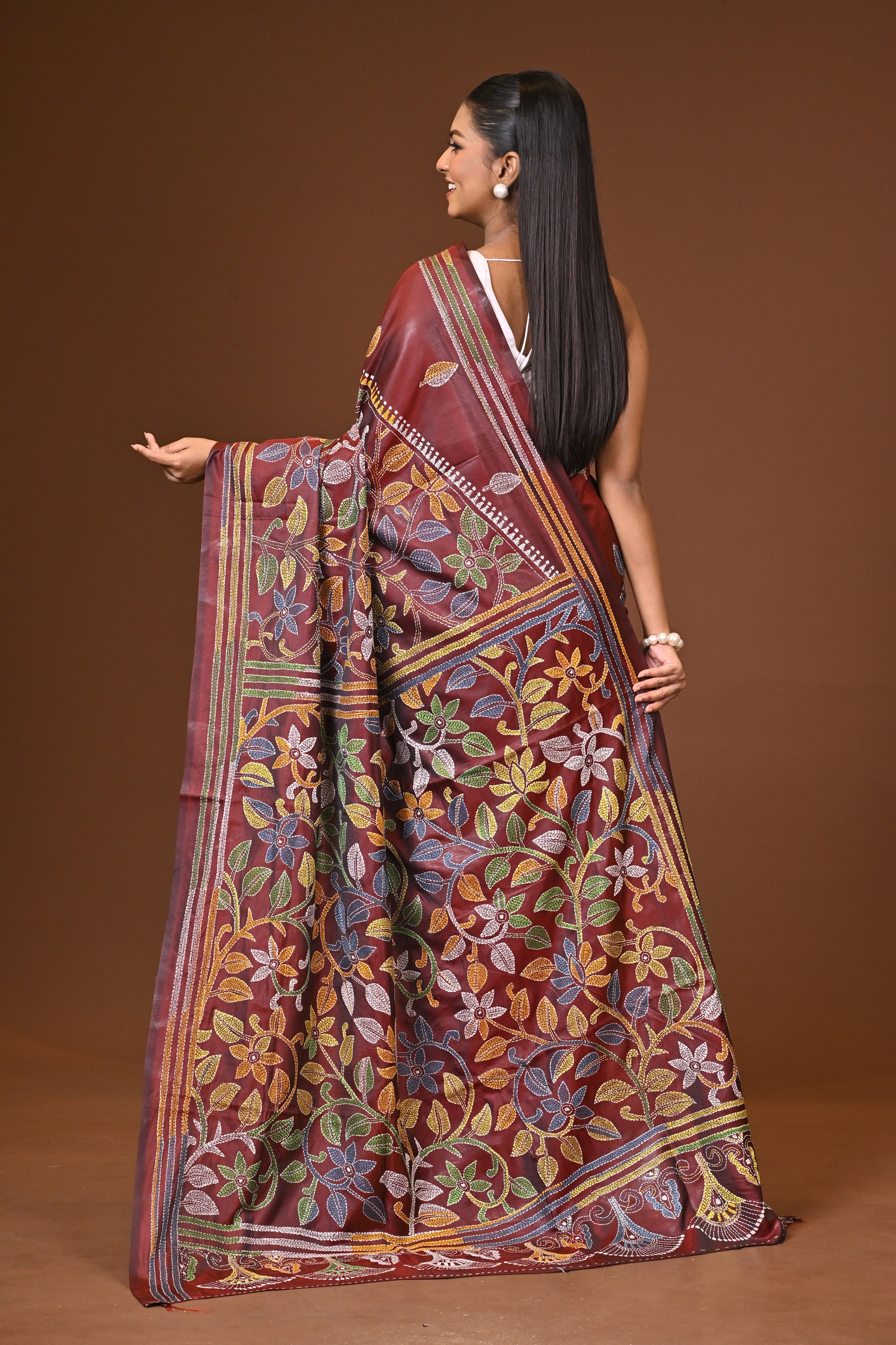 Blended Silk Kantha Stitch Saree Brown Thumbnail