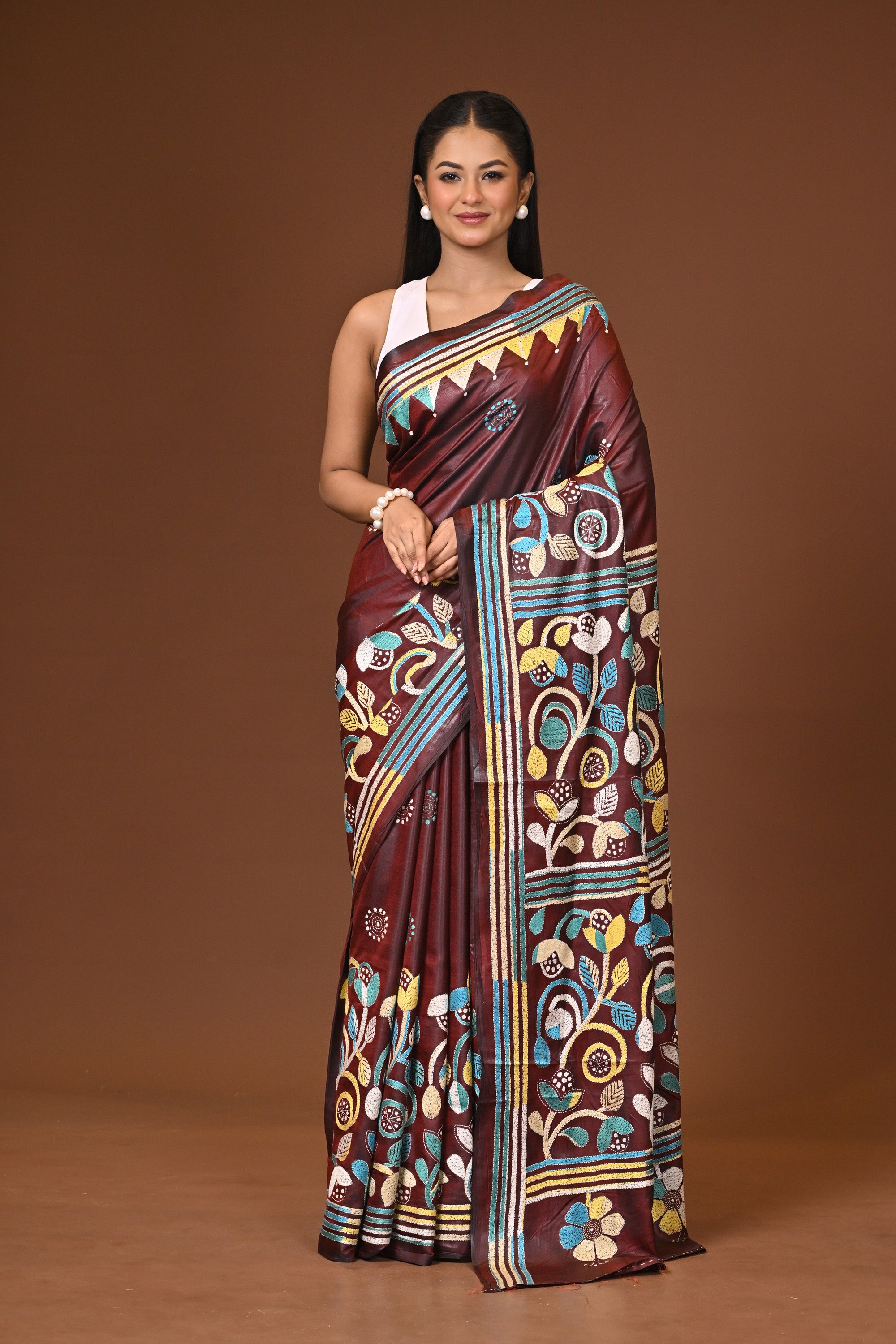 Blended Silk Kantha Stitch Saree Brown