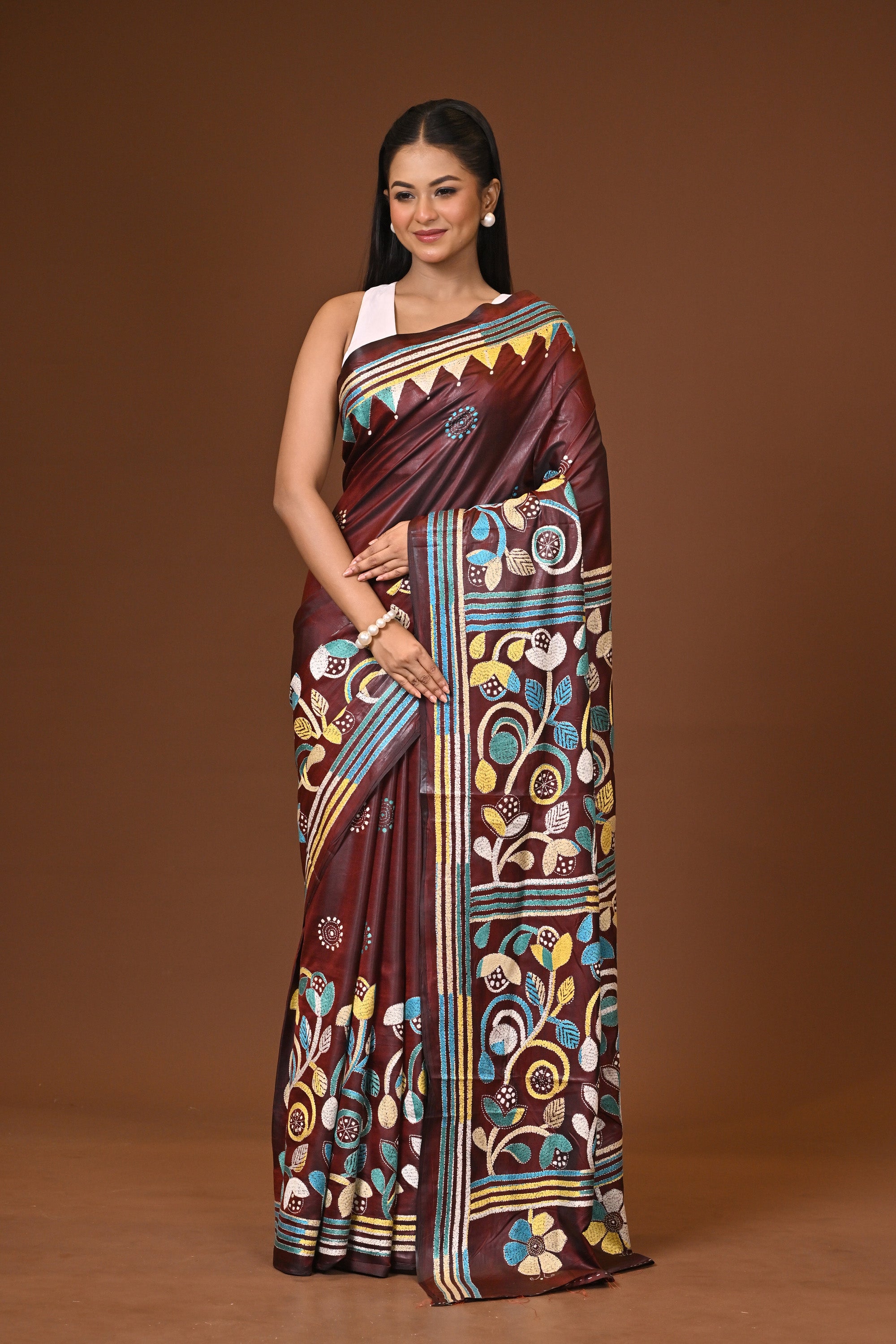 Blended Silk Kantha Stitch Saree Brown Thumbnail