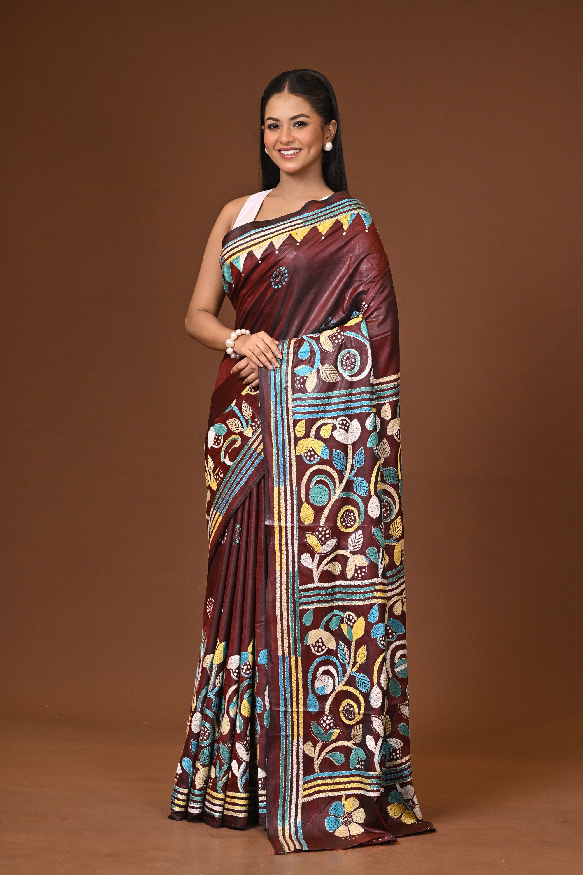Blended Silk Kantha Stitch Saree Brown Thumbnail