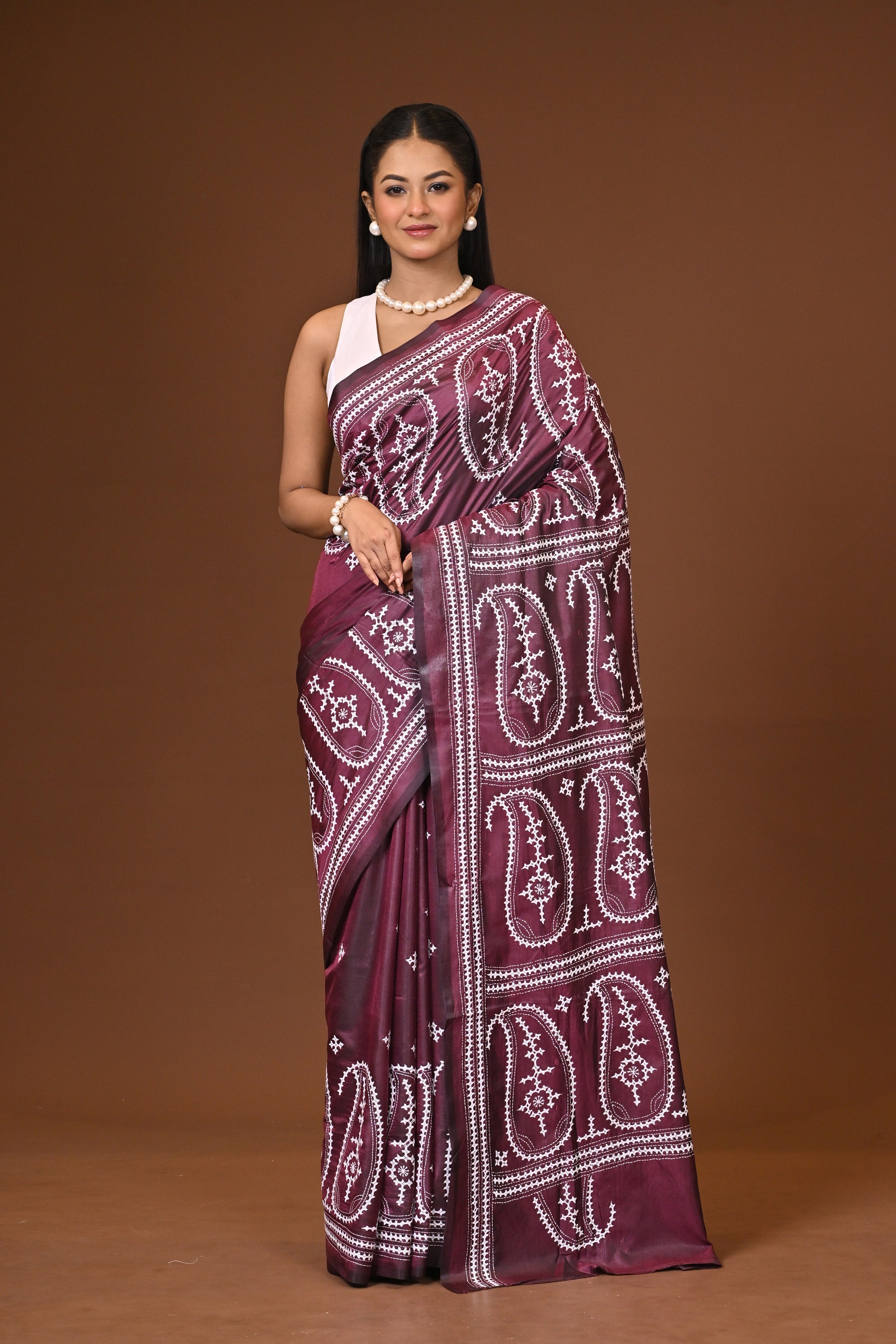 Blended Silk Kantha Stitch Saree Brown