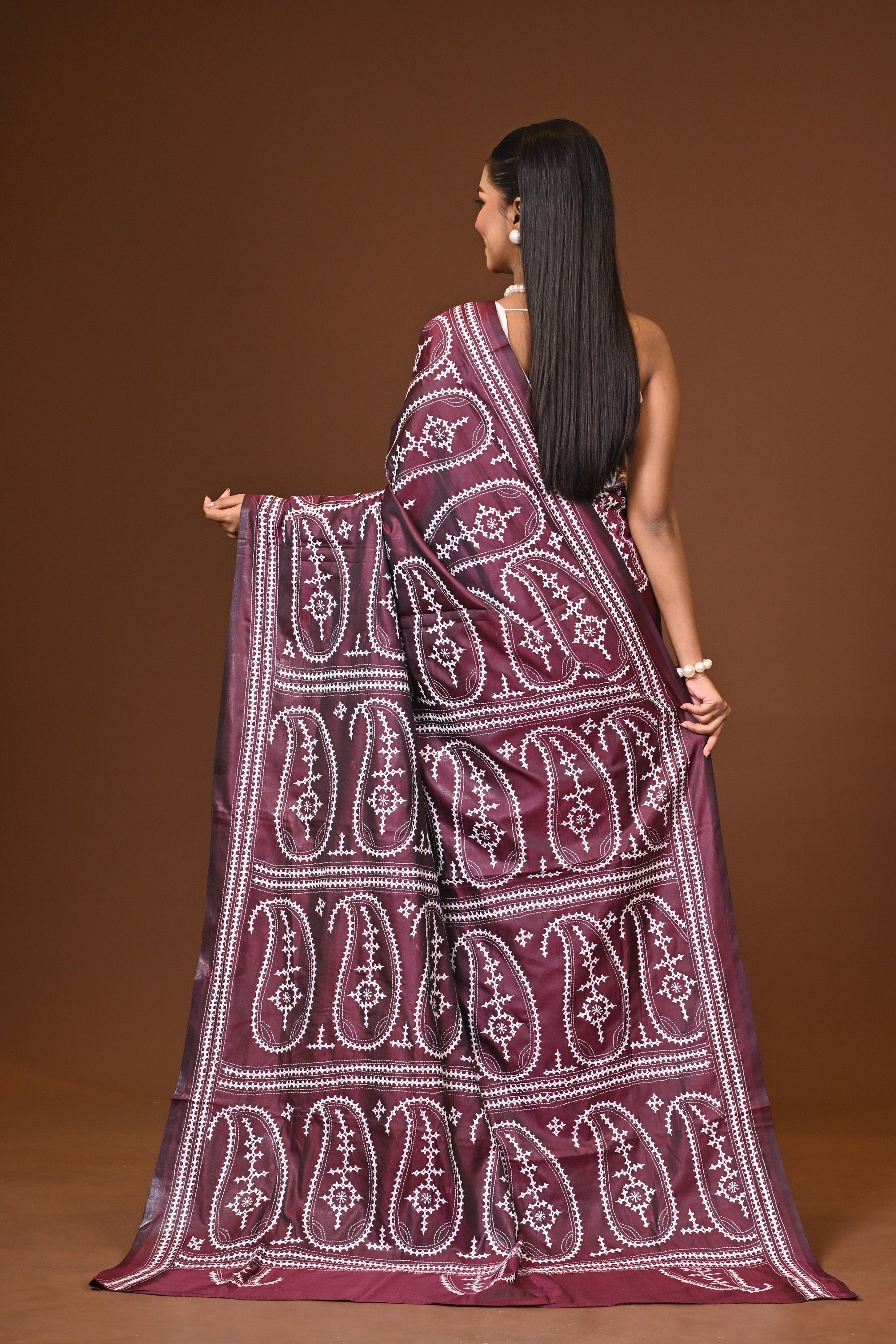 Blended Silk Kantha Stitch Saree Brown Thumbnail