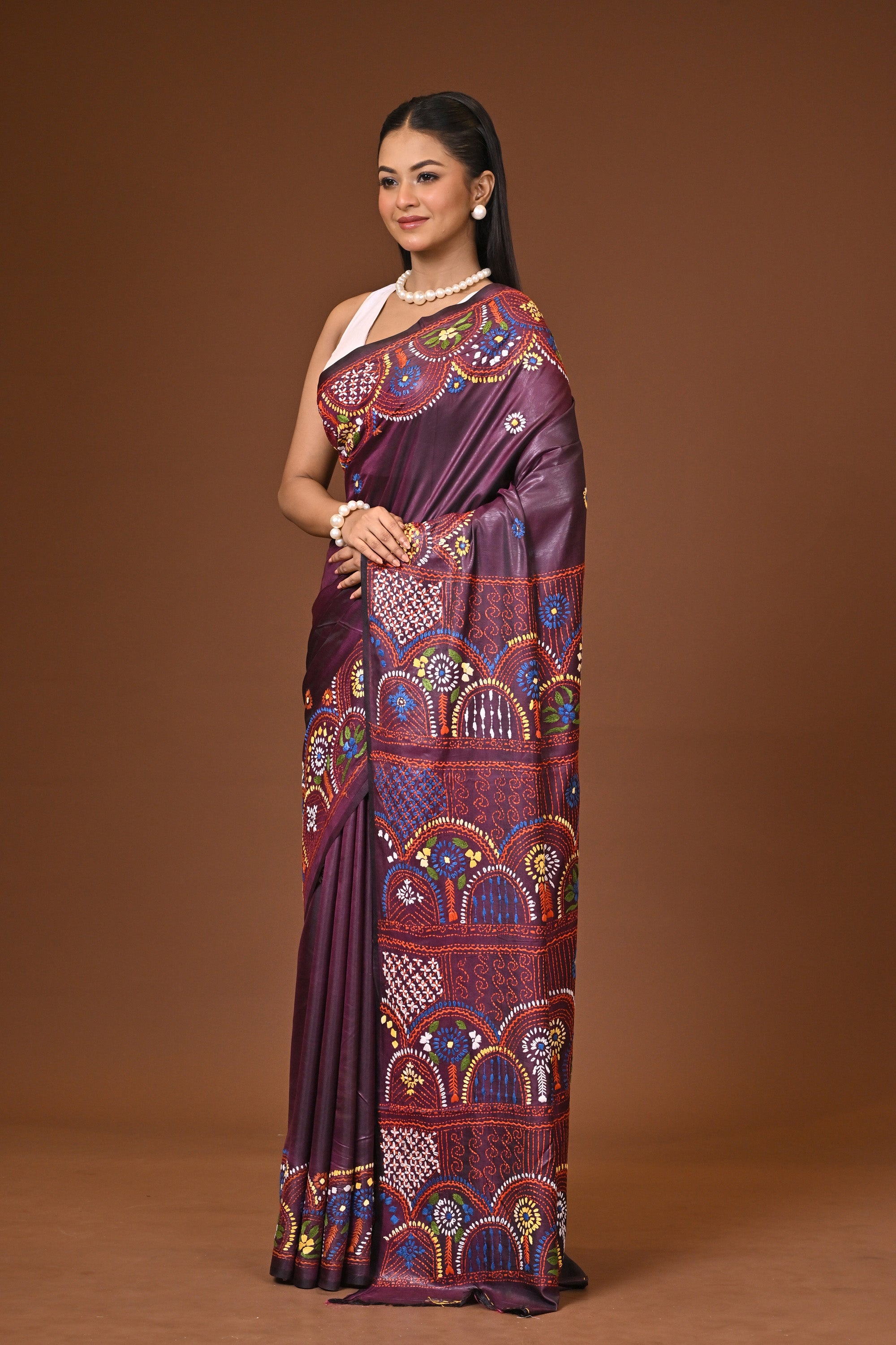 Blended Silk Kantha Stitch Saree Brown Thumbnail