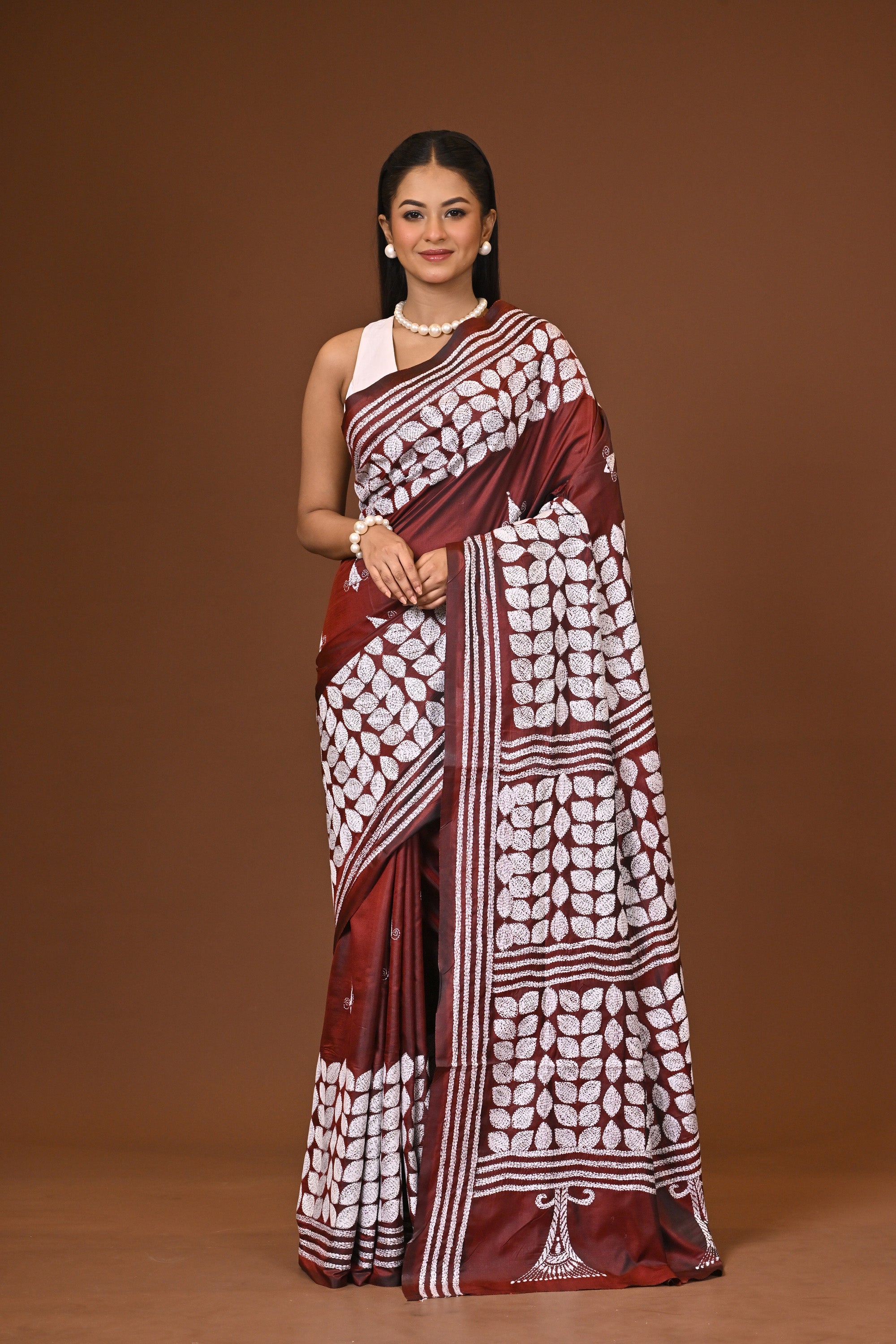 Blended Silk Kantha Stitch Saree Brown