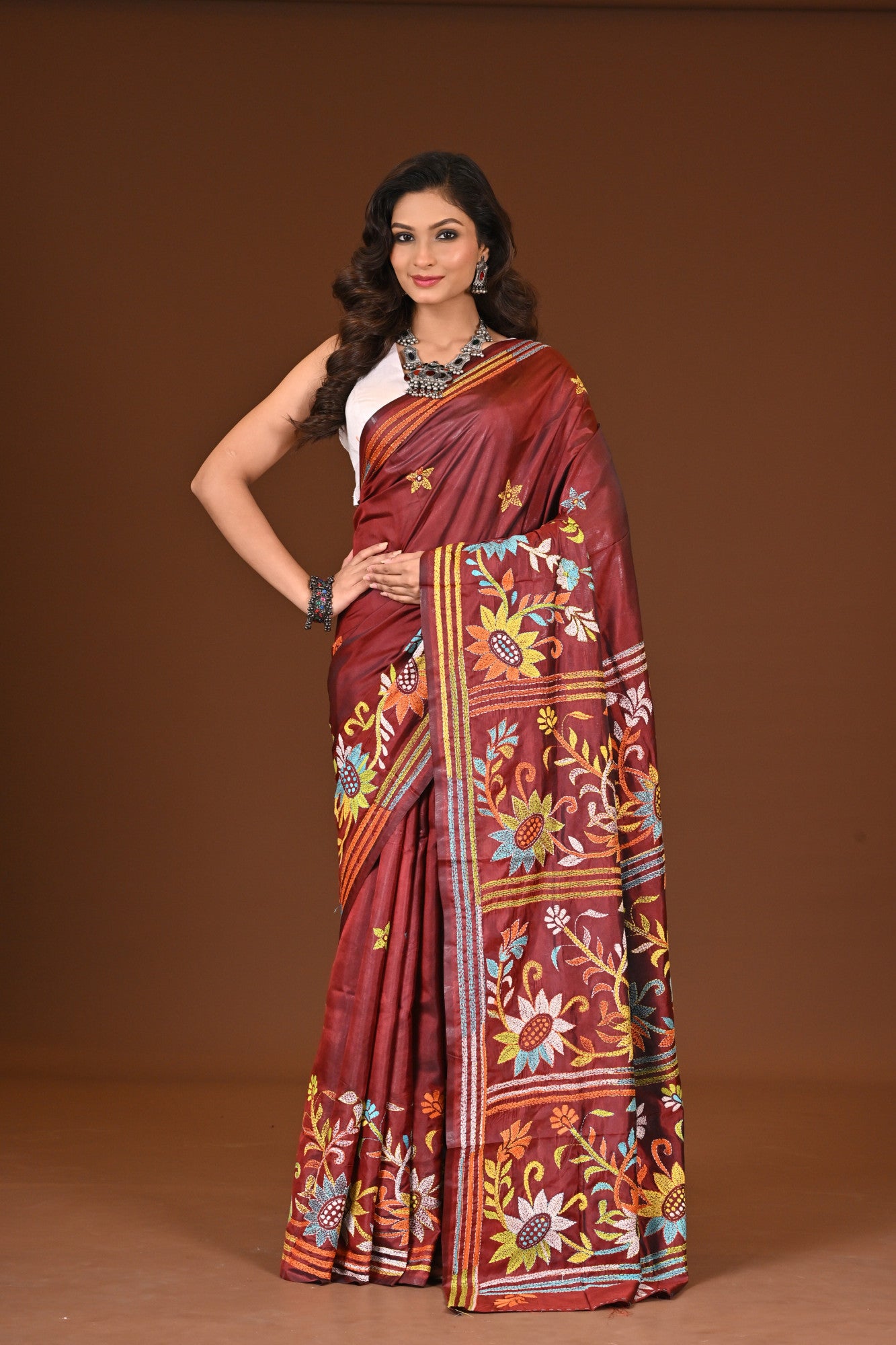 Blended Silk Kantha Stitch Saree Brown