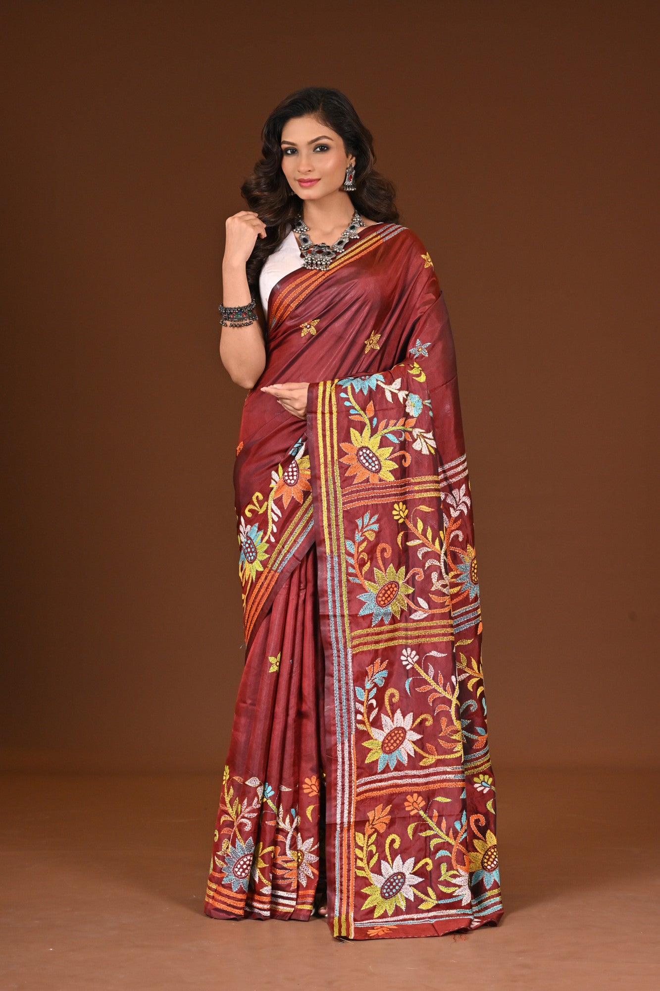 Blended Silk Kantha Stitch Saree Brown Thumbnail