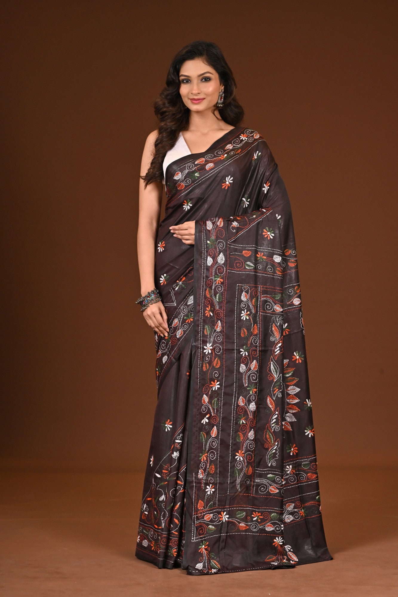 Blended Silk Kantha Stitch Saree Brown